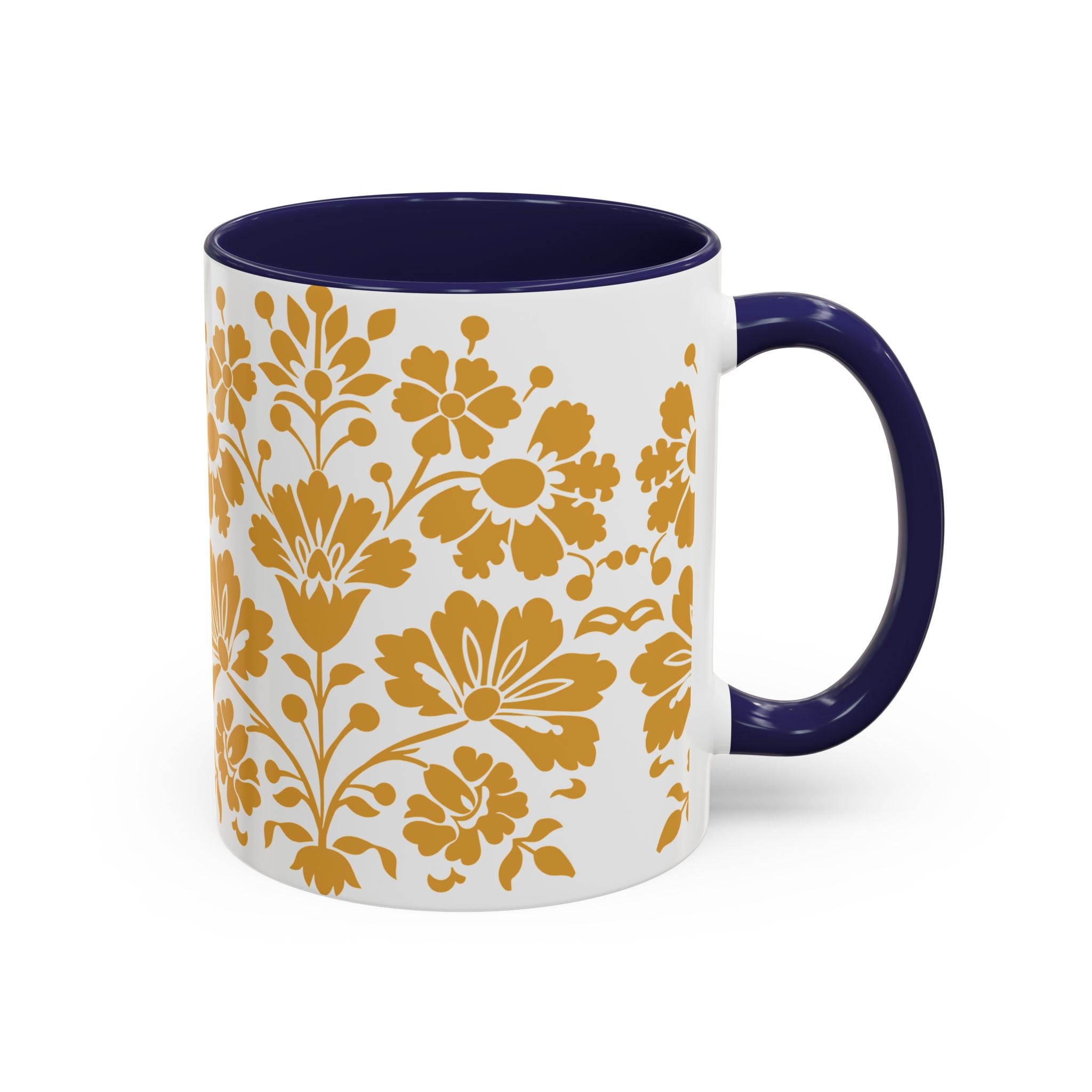 Gold Floral Accent Coffee Mug — Elegant Damask 11/15oz Ceramic