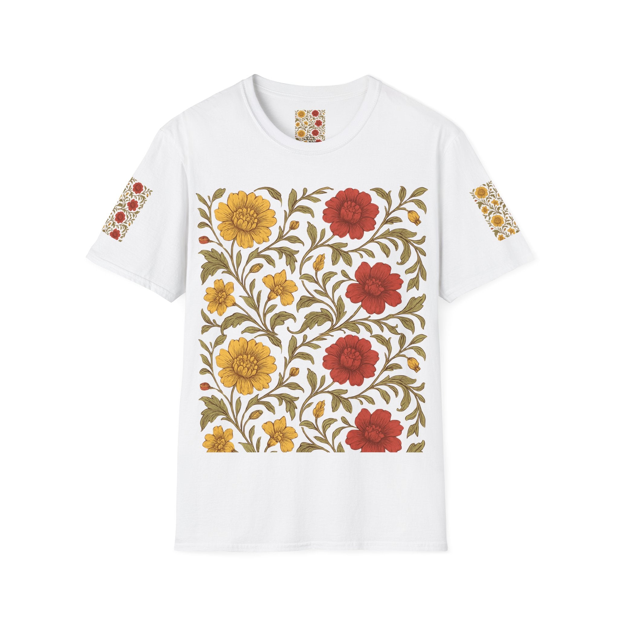Floral Vintage Garden T-Shirt — Red & Mustard Blooms