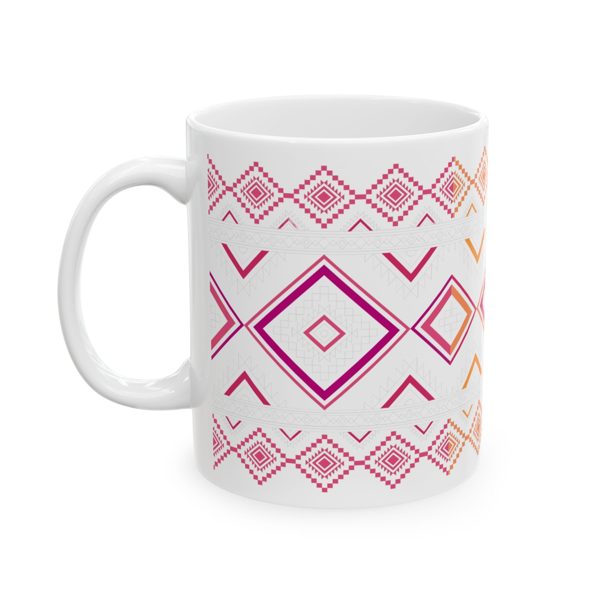 Boho Geo Pattern Ceramic Mug — Pink & Orange Tribal 11oz/15oz