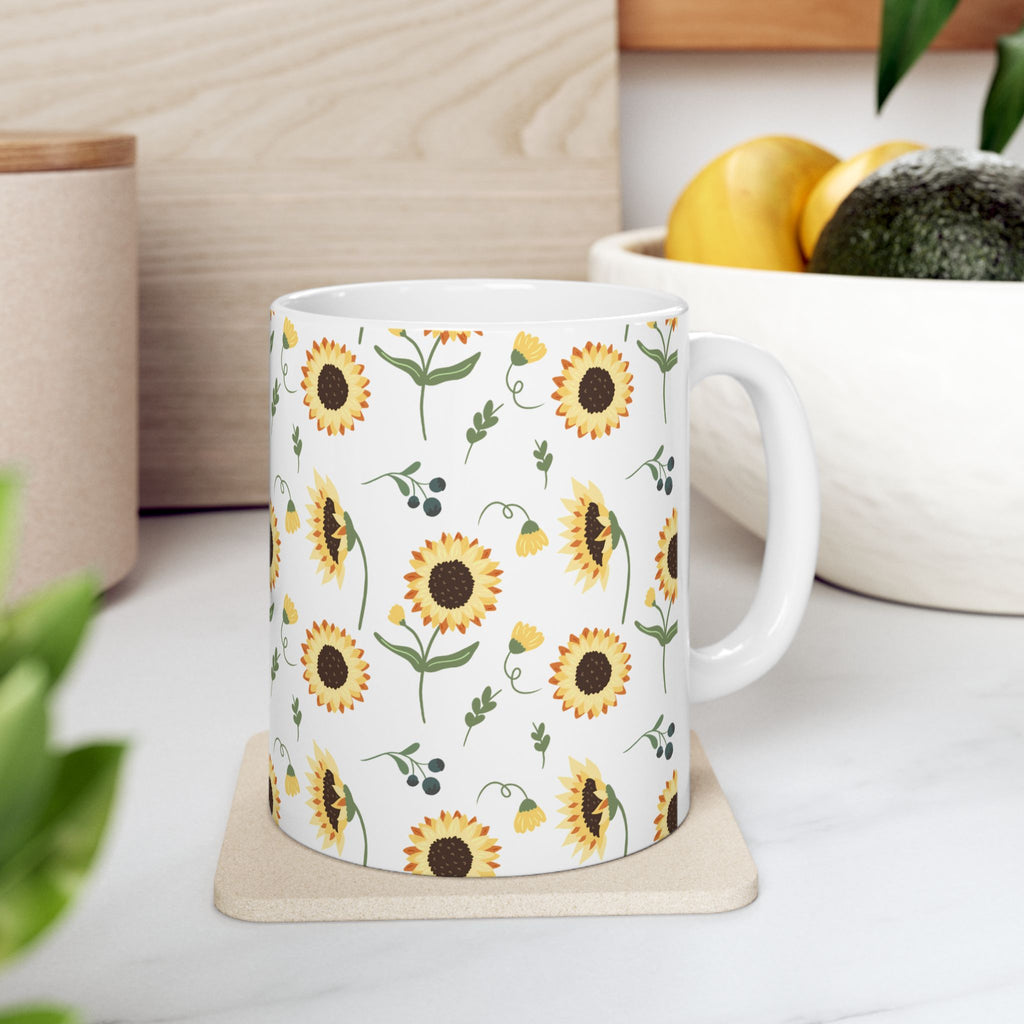 Sunflower Pattern Ceramic Mug — Floral Coffee Tea Cup (11oz, 15oz)