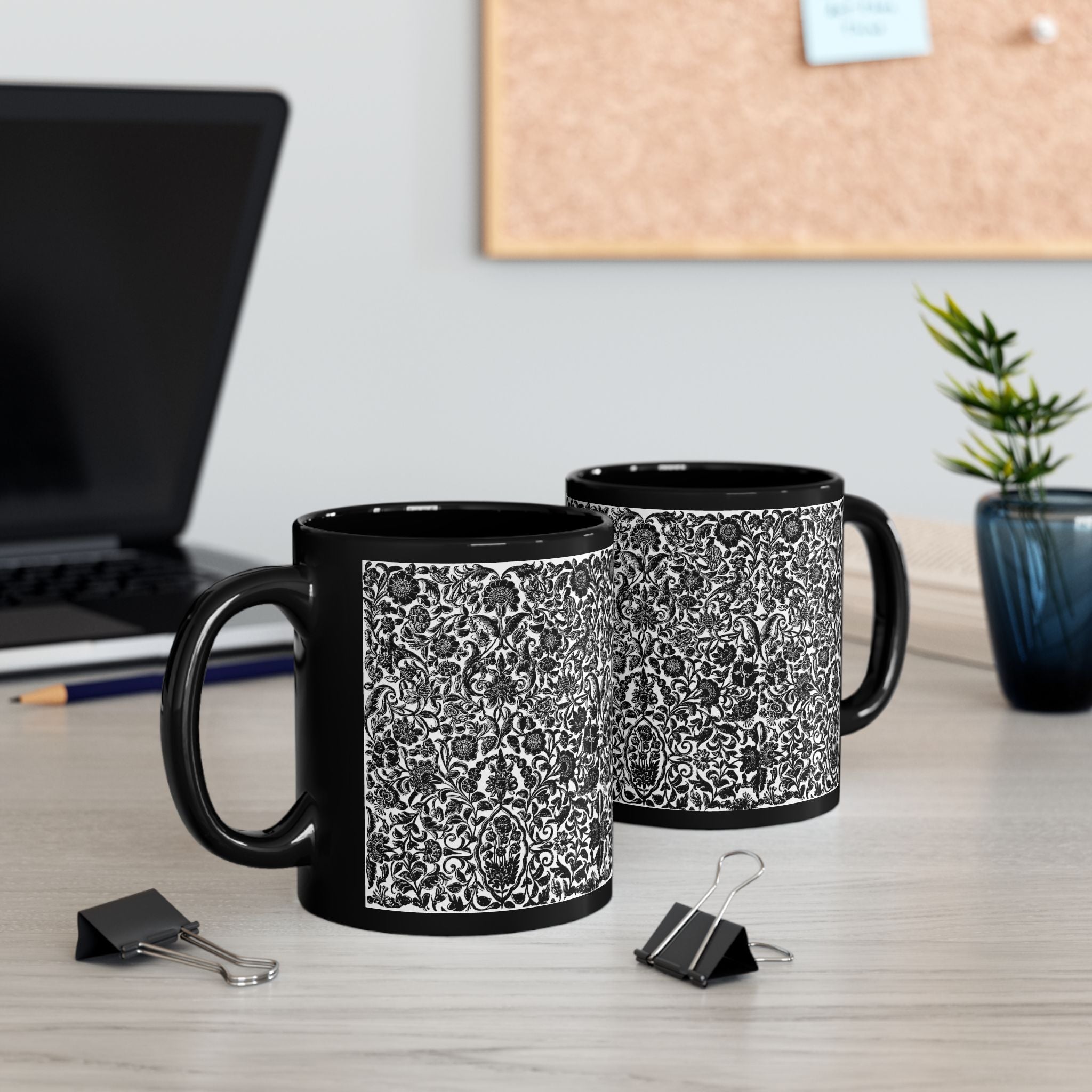 Black Ceramic Mug - Intricate Black & White Floral Pattern