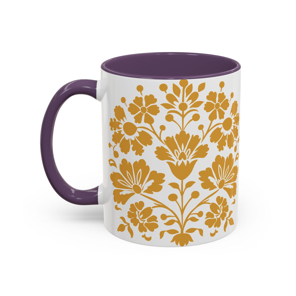 Gold Floral Accent Coffee Mug — Elegant Damask 11/15oz Ceramic