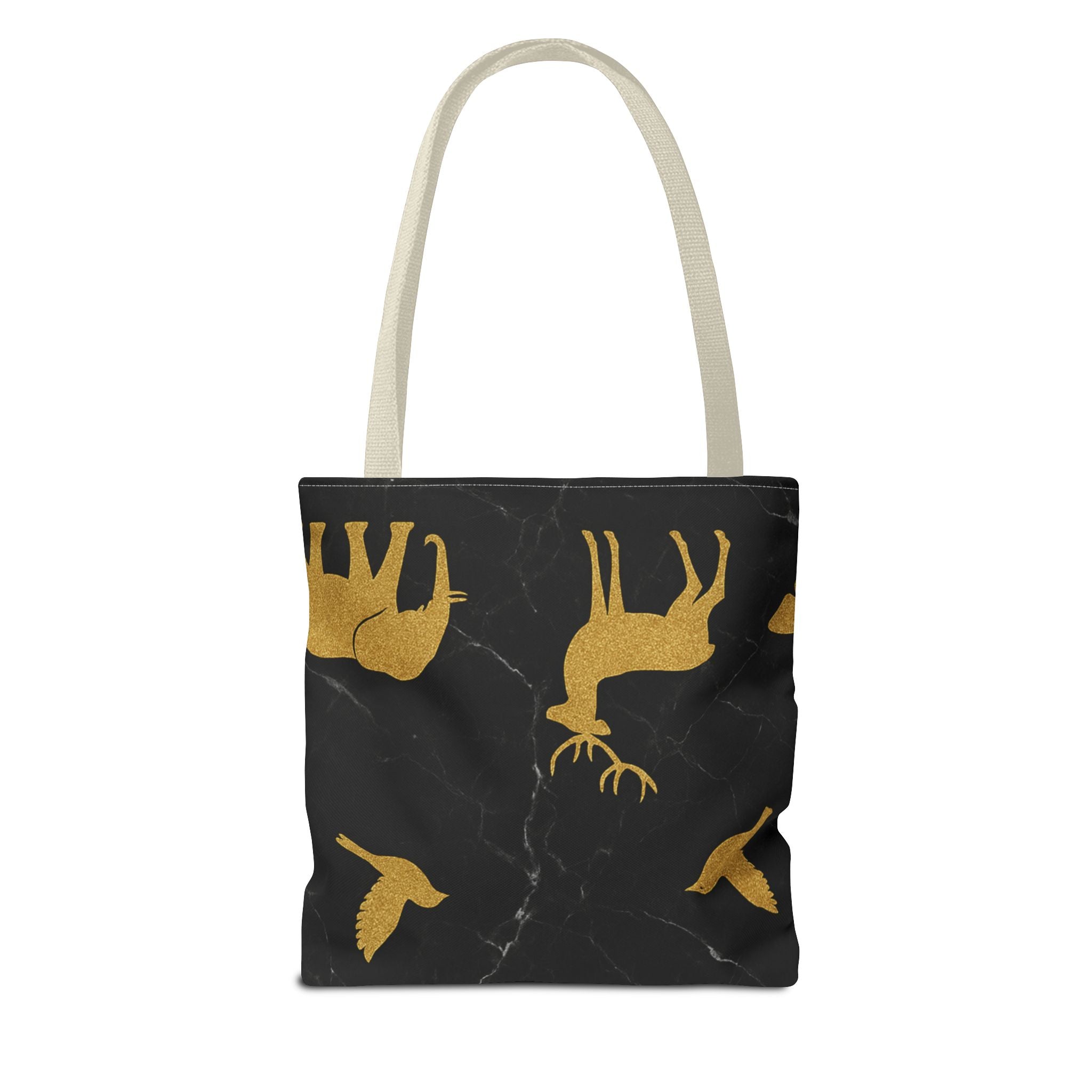 Gold Wildlife Pattern Tote Bag — Black Marble Deer & Elephant All-Over Print