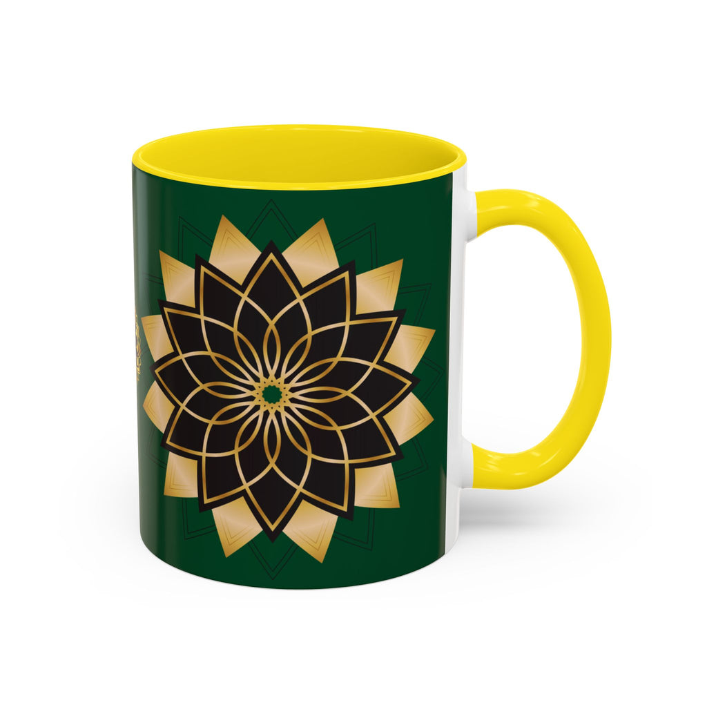 Gold Mandala Accent Coffee Mug — Elegant Green & Black Ceramic 11/15oz