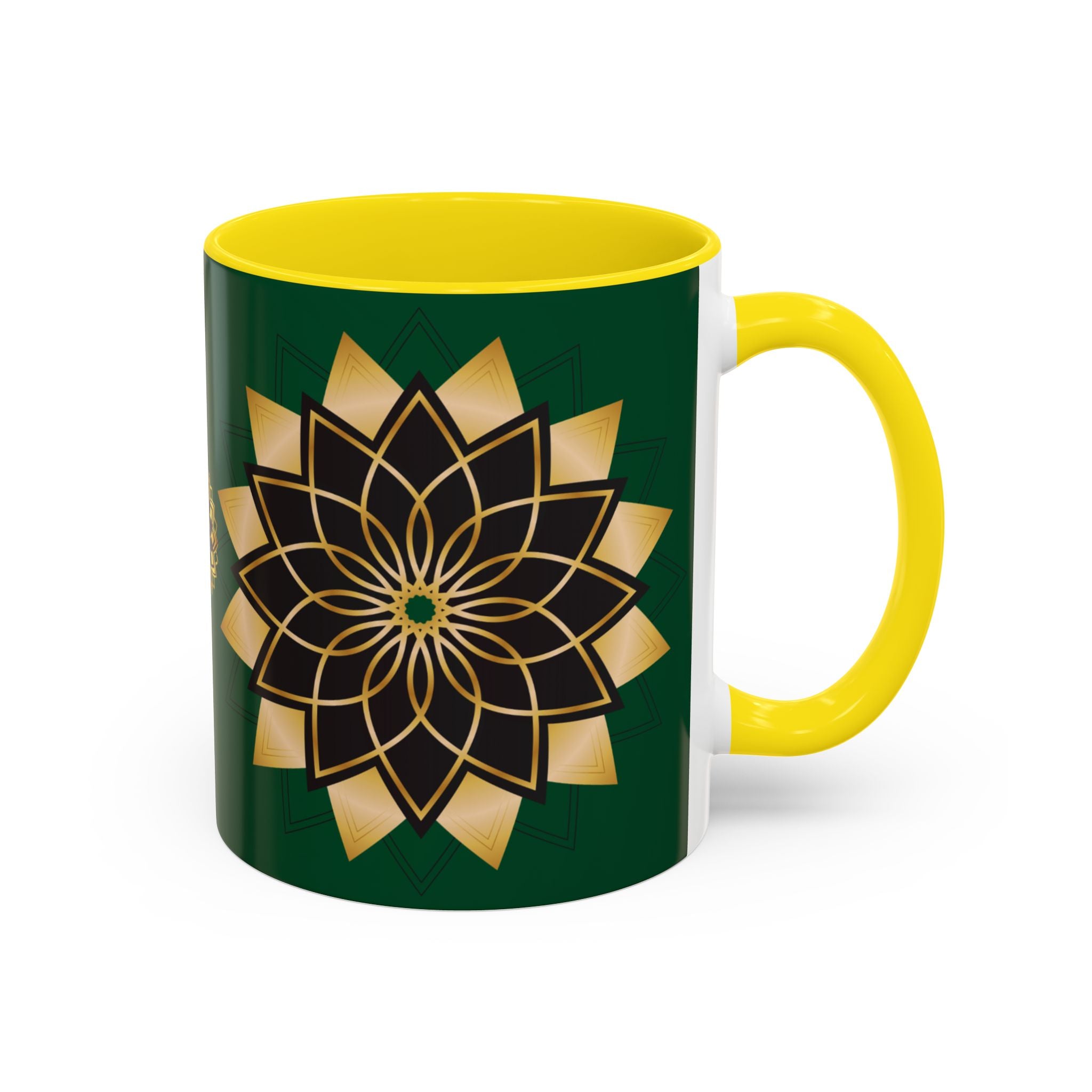 Gold Mandala Accent Coffee Mug — Elegant Green & Black Ceramic 11/15oz