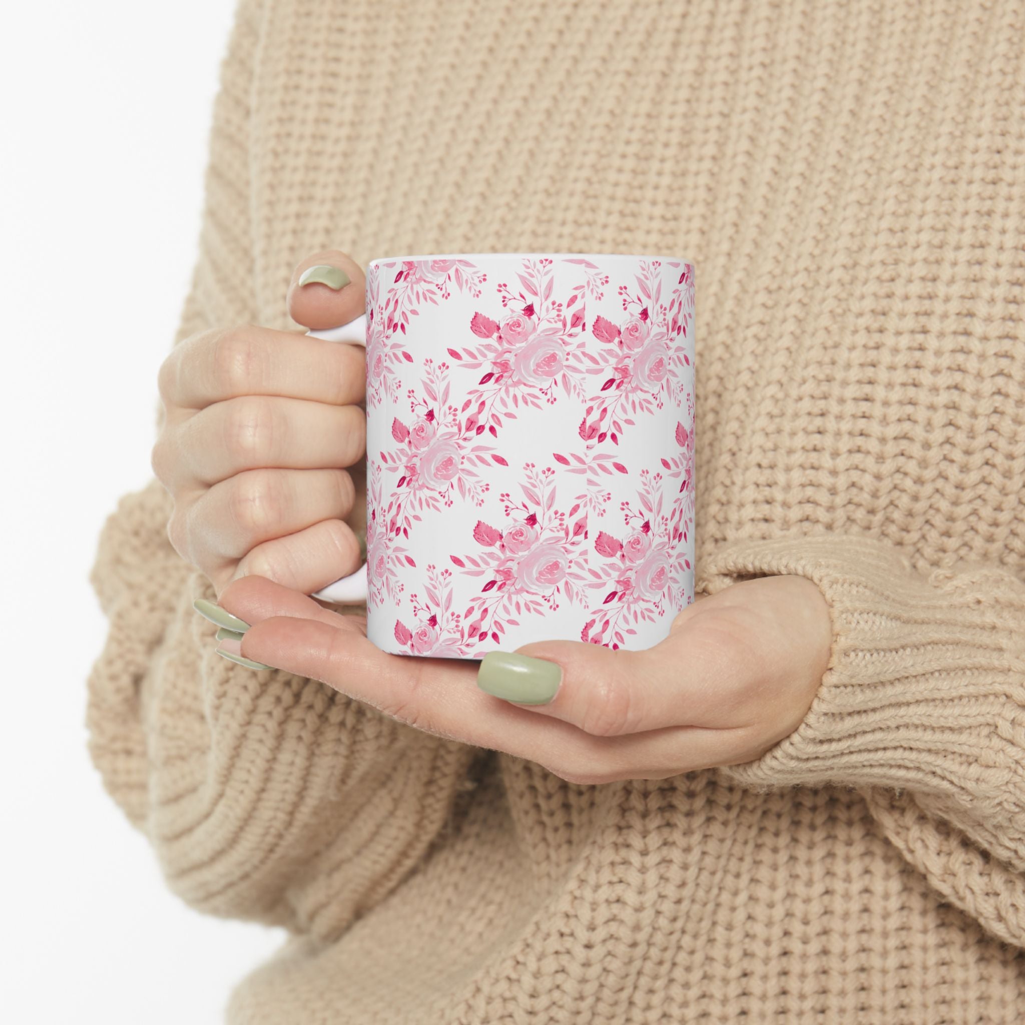 Pink Watercolor Floral Mug — Feminine Rose Pattern Ceramic Coffee Cup (11oz, 15oz)