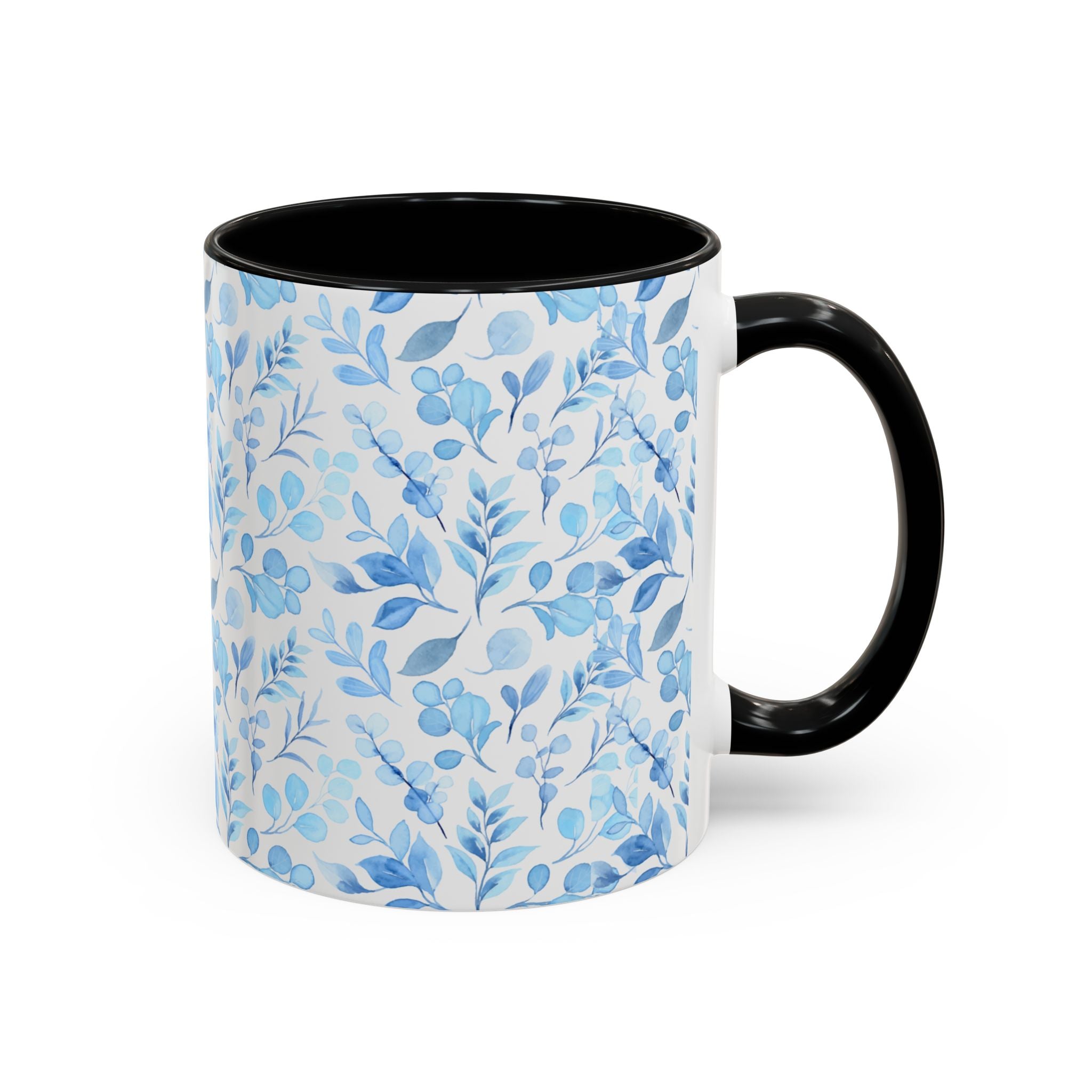 Blue Watercolor Floral Coffee Mug — Accent Handle & Interior
