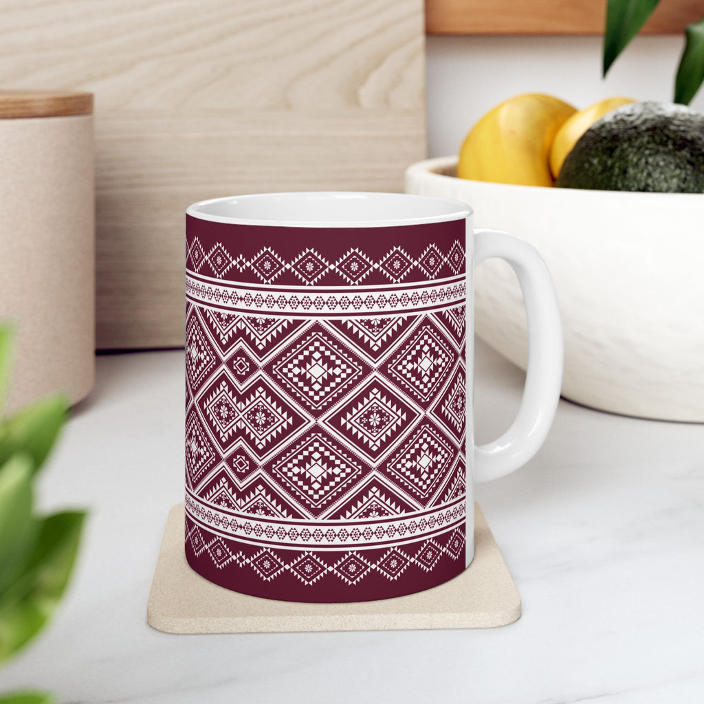 Maroon Nordic Pattern Ceramic Mug — Cozy Scandinavian Knit Design (11oz & 15oz)