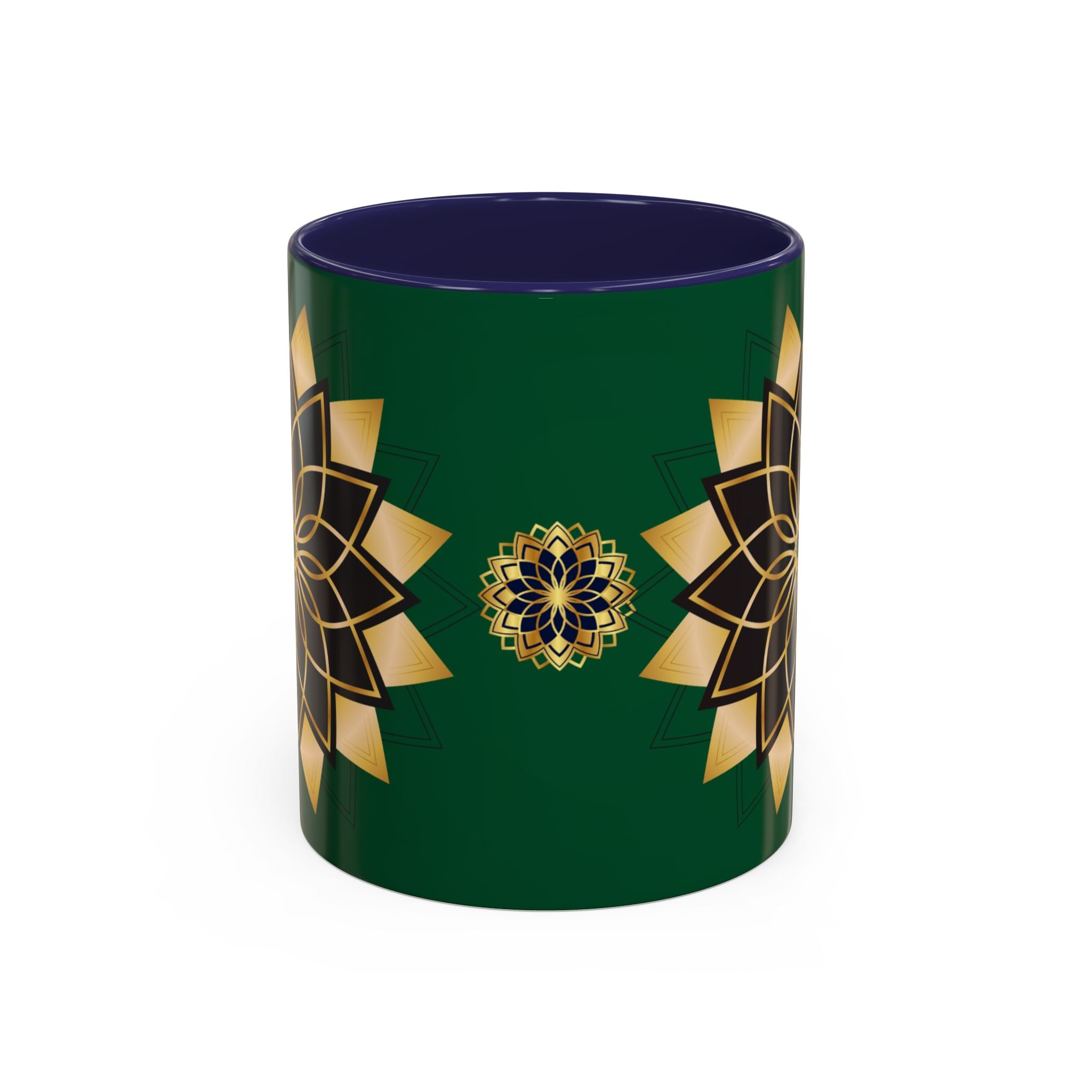 Gold Mandala Accent Coffee Mug — Elegant Green & Black Ceramic 11/15oz