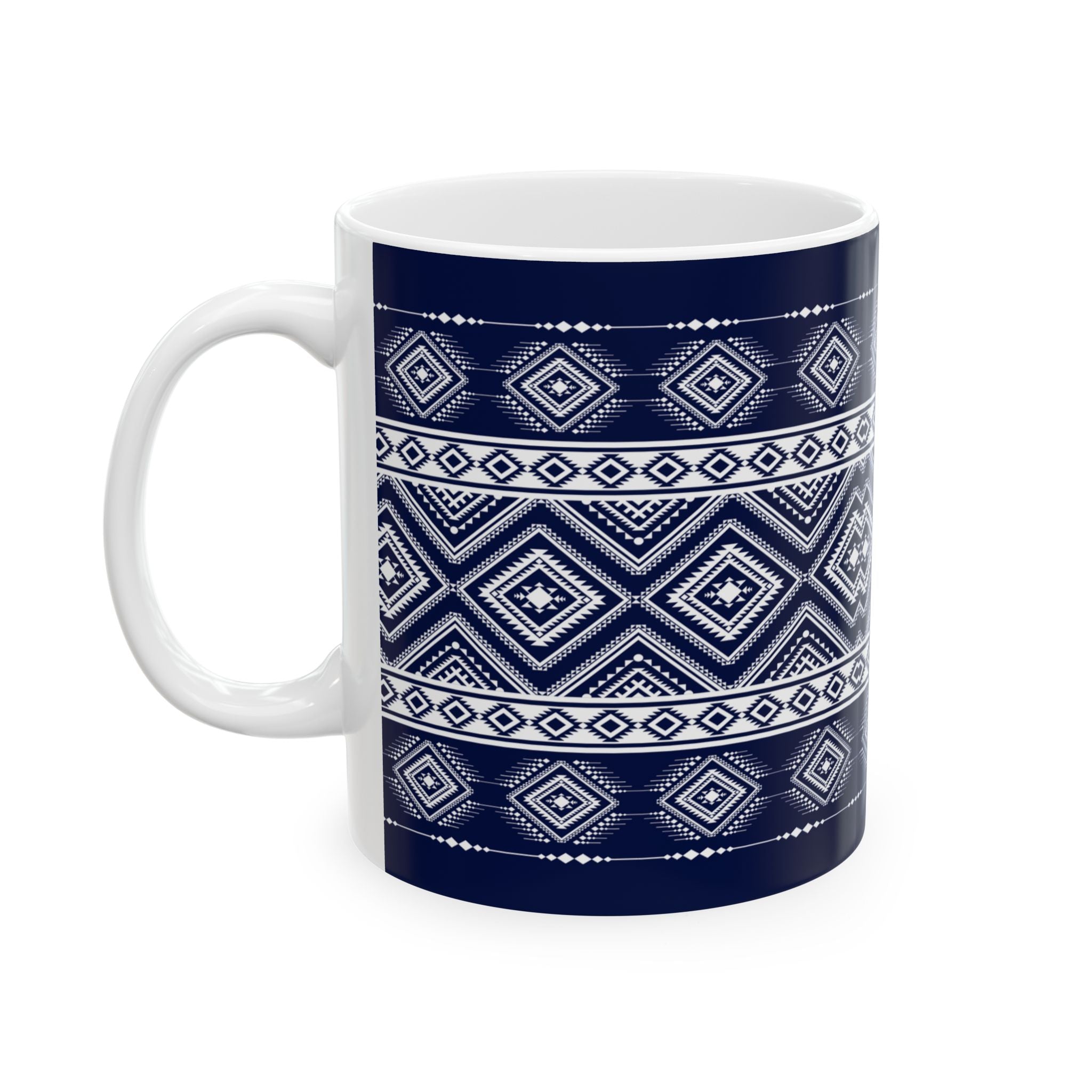 Navy Aztec Pattern Ceramic Mug — Geometric Tribal 11oz & 15oz