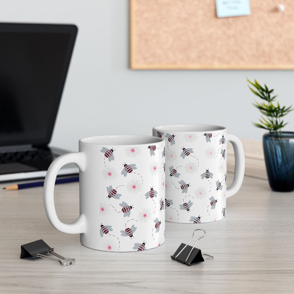 Bee Pattern Ceramic Mug — Cute Striped Bees & Pink Flower Dots, 11oz/15oz