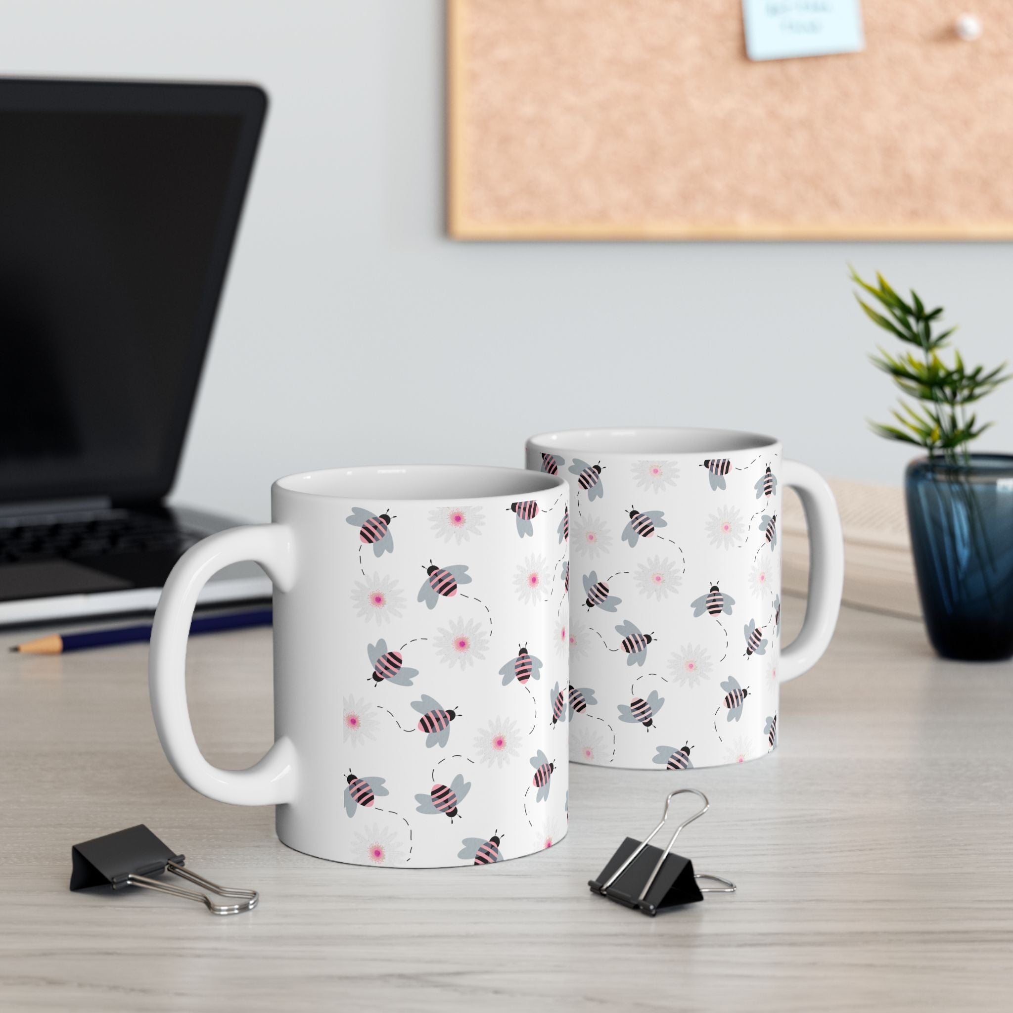 Bee Pattern Ceramic Mug — Cute Striped Bees & Pink Flower Dots, 11oz/15oz