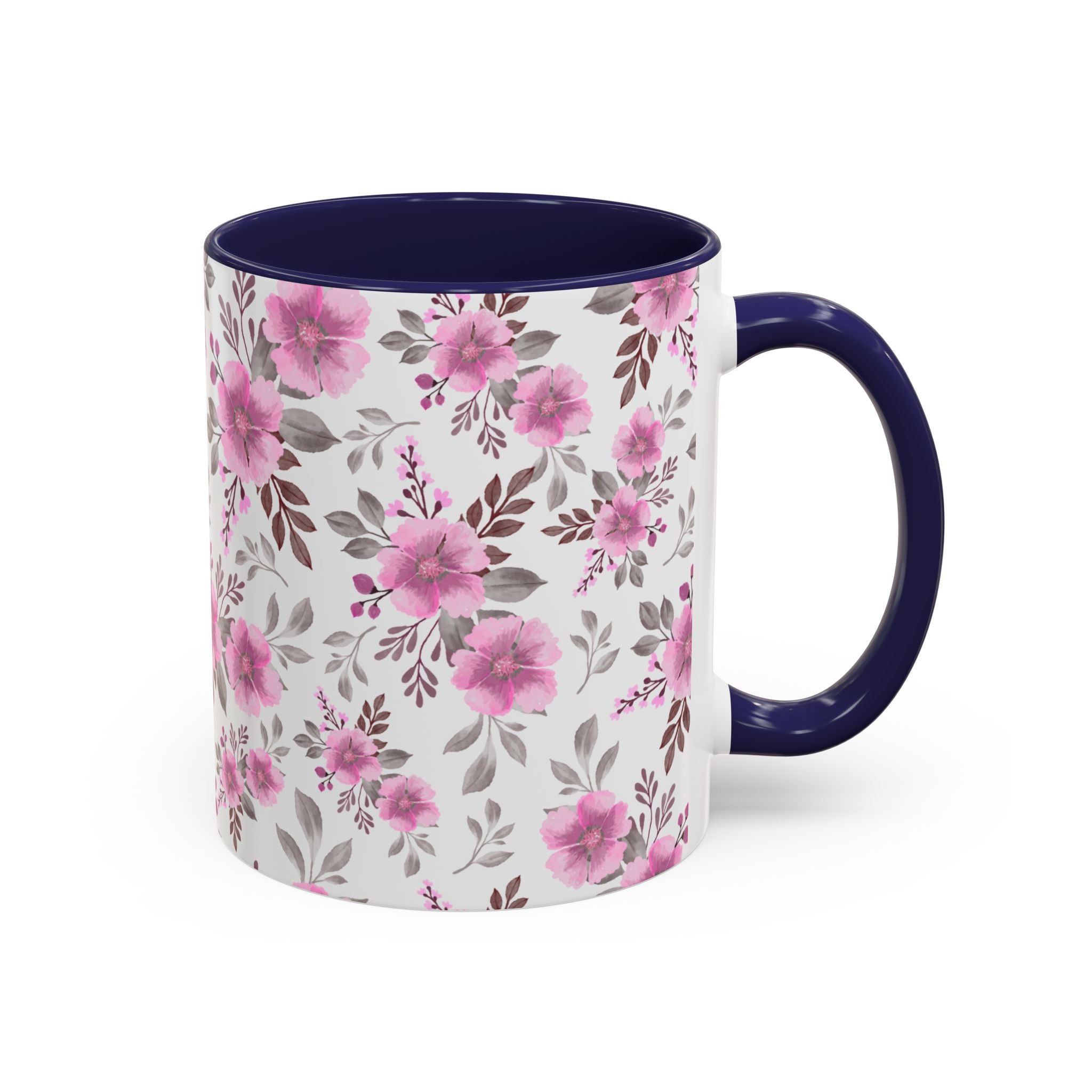 Pink Floral Accent Coffee Mug — Ceramic Rose Pattern 11/15oz
