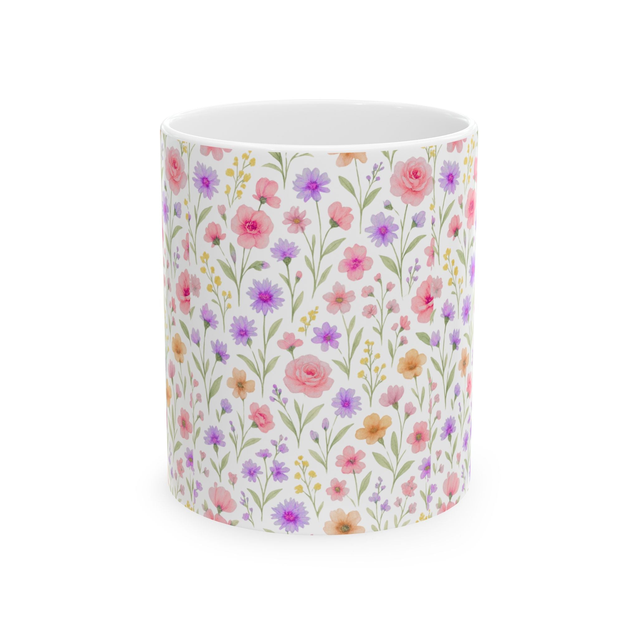 Floral Watercolor Ceramic Mug — Pink & Lavender Wildflower Pattern (11oz, 15oz)