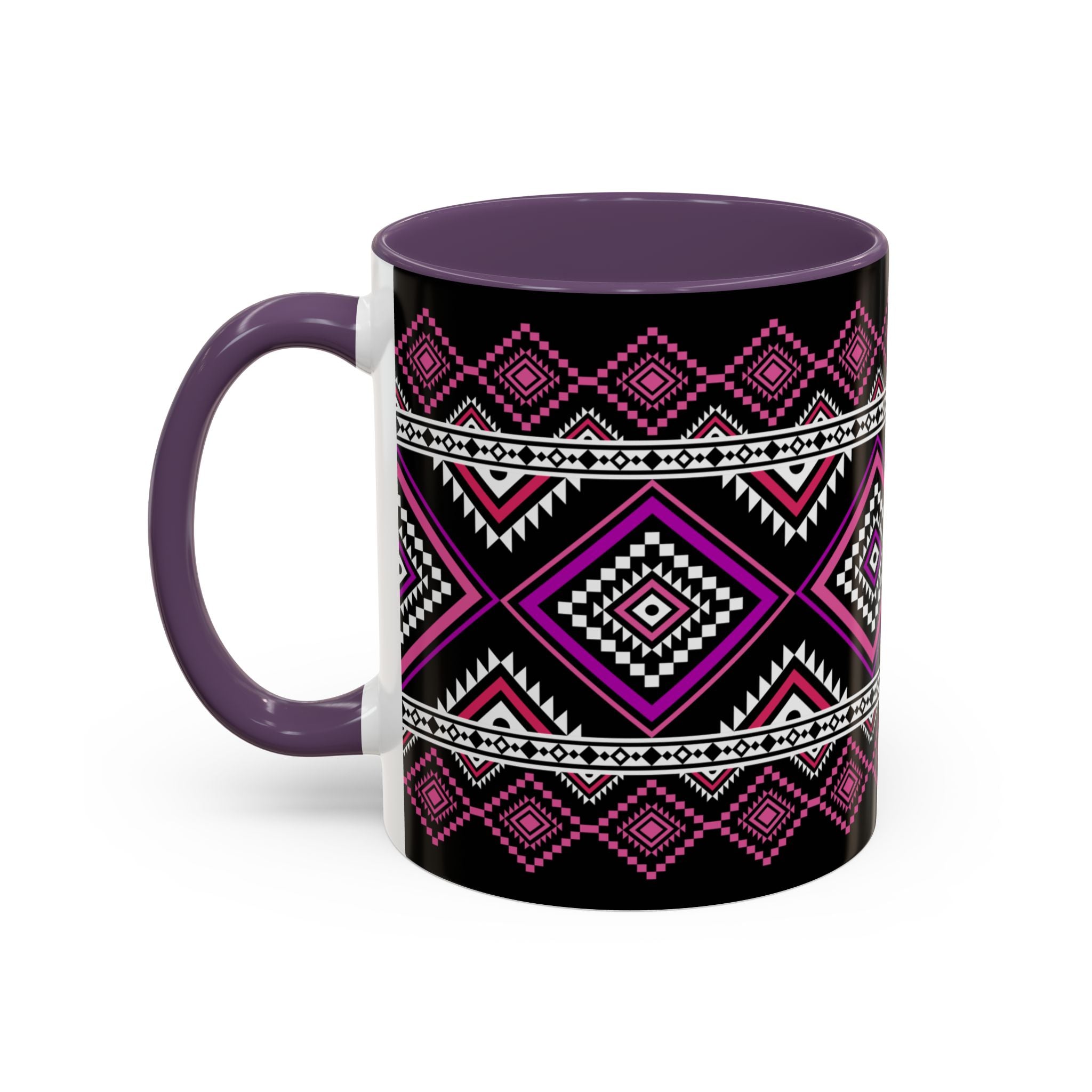 Geometric Aztec Accent Coffee Mug — Pink & Black Tribal Pattern (11/15oz)