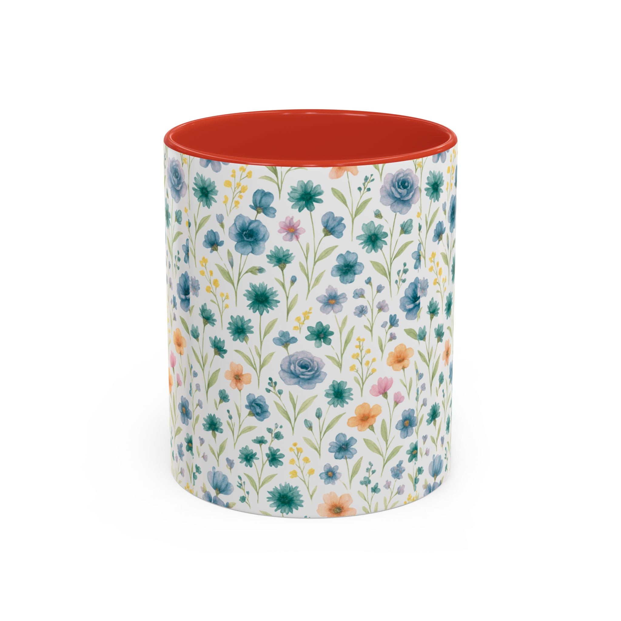 Floral Watercolor Accent Coffee Mug — Blue & Peach Wildflower Pattern (11/15oz)