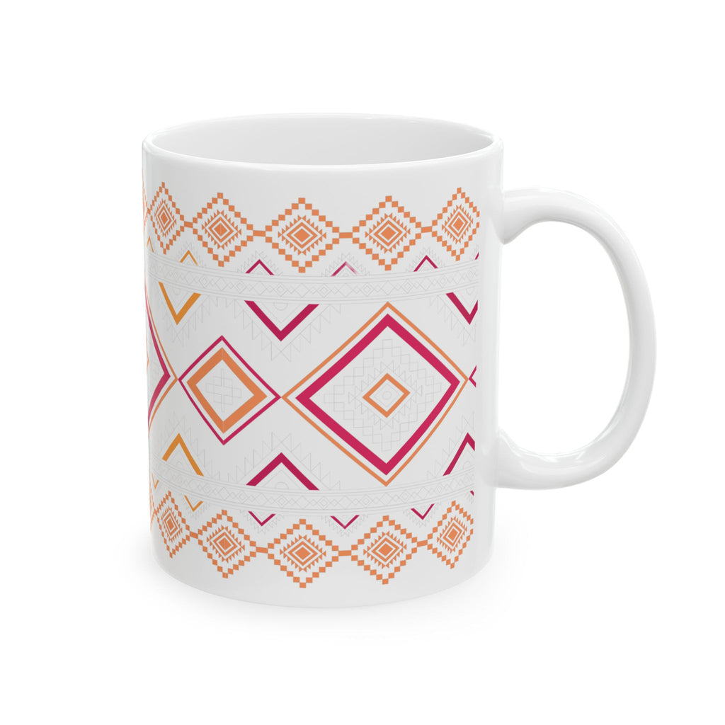 Boho Geo Pattern Ceramic Mug — Pink & Orange Tribal 11oz/15oz