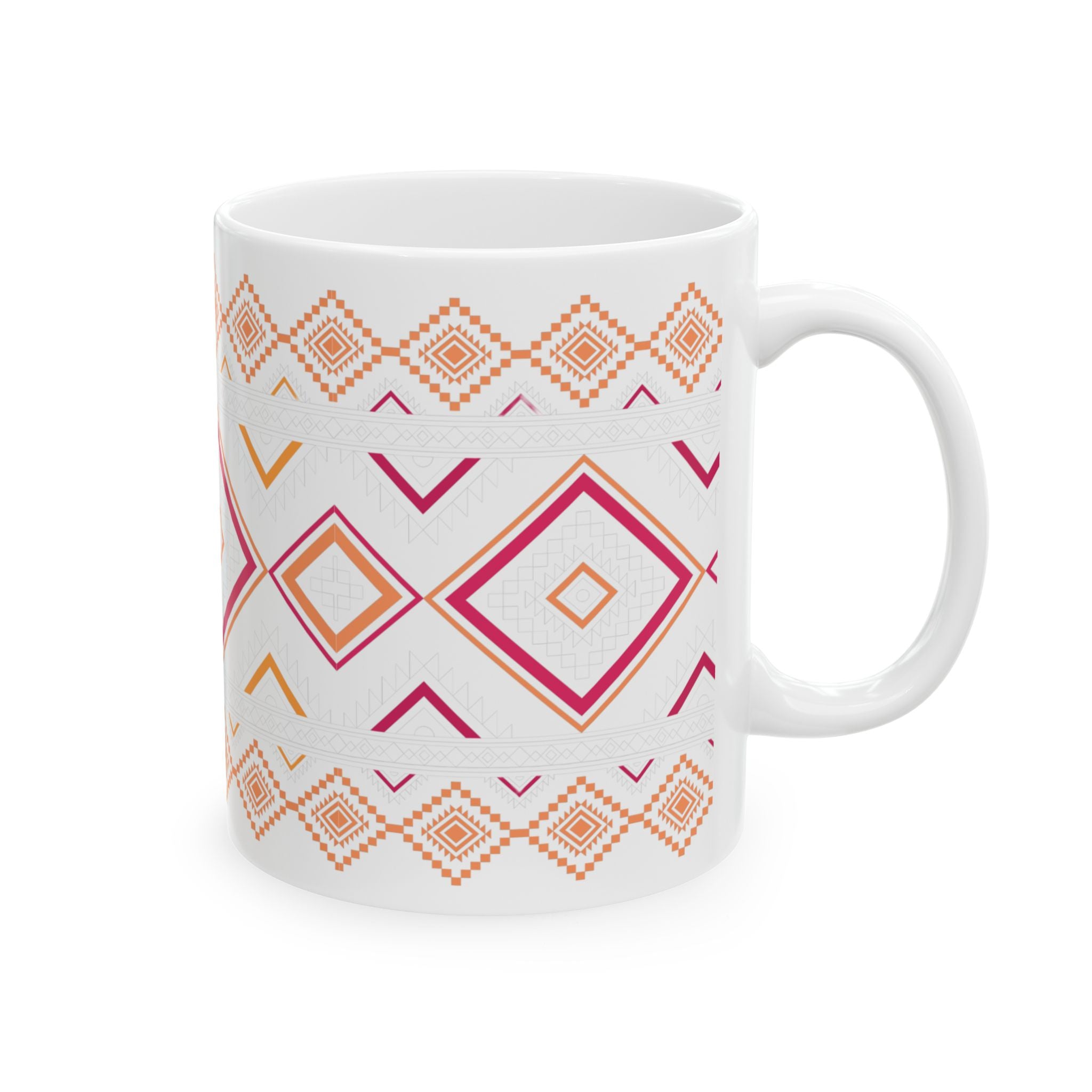 Boho Geo Pattern Ceramic Mug — Pink & Orange Tribal 11oz/15oz
