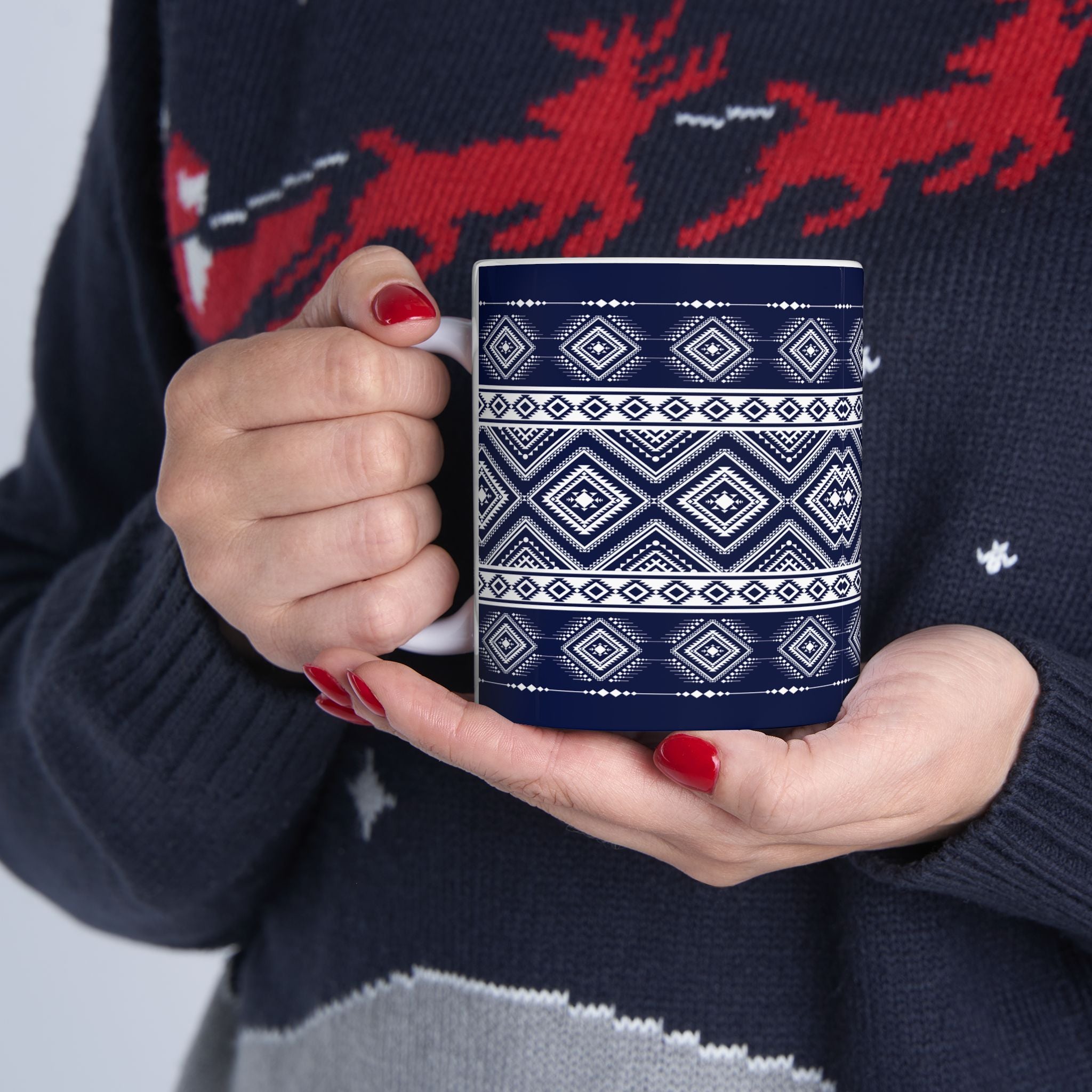 Navy Aztec Pattern Ceramic Mug — Geometric Tribal 11oz & 15oz