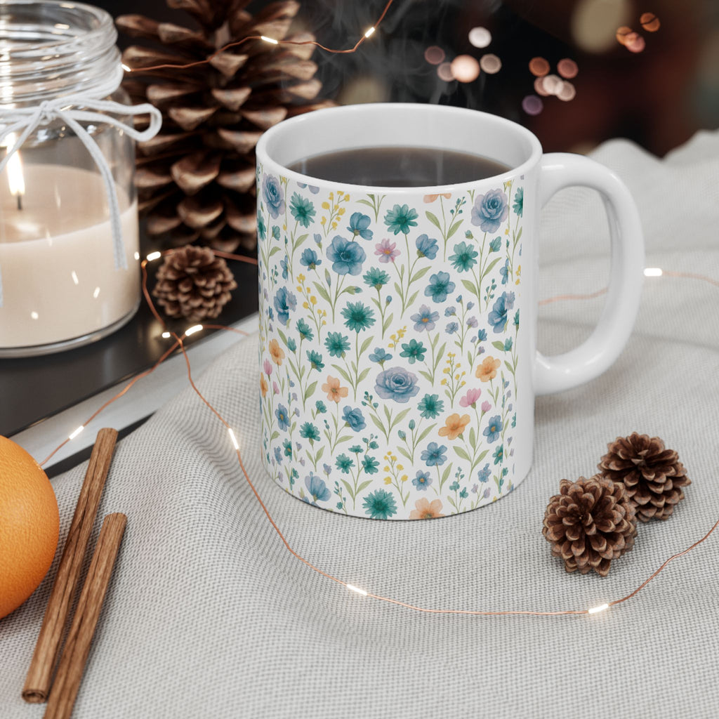 Floral Watercolor Mug – Blue & Pastel Wildflower Ceramic Coffee Cup (11oz/15oz)