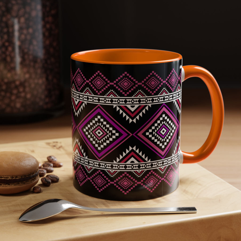 Geometric Aztec Accent Coffee Mug — Pink & Black Tribal Pattern (11/15oz)