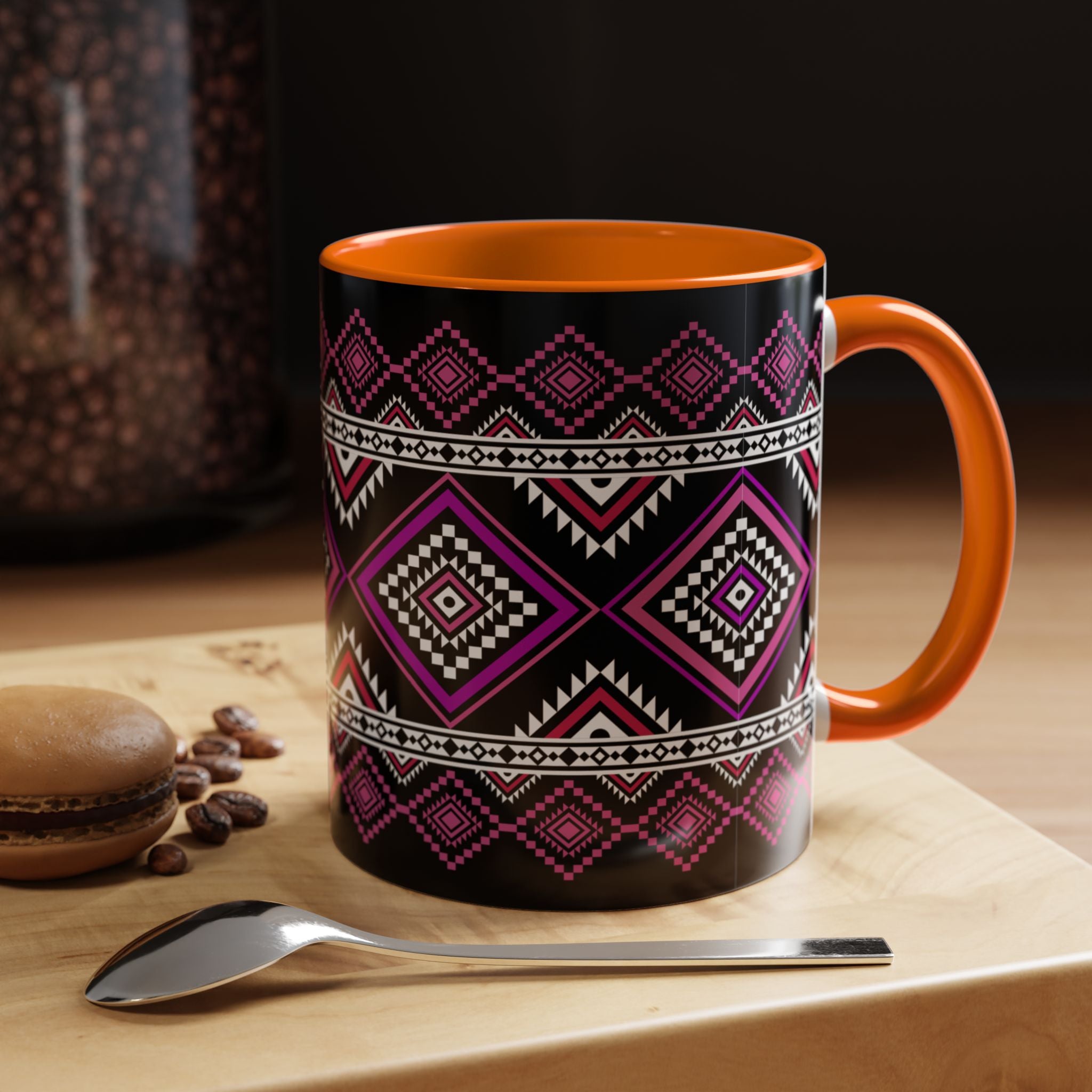 Geometric Aztec Accent Coffee Mug — Pink & Black Tribal Pattern (11/15oz)