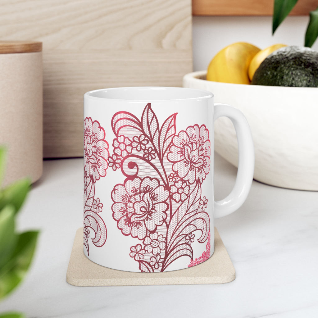 Floral Lace Red Ceramic Mug — Vintage Rose Pattern Coffee Cup (11oz & 15oz)