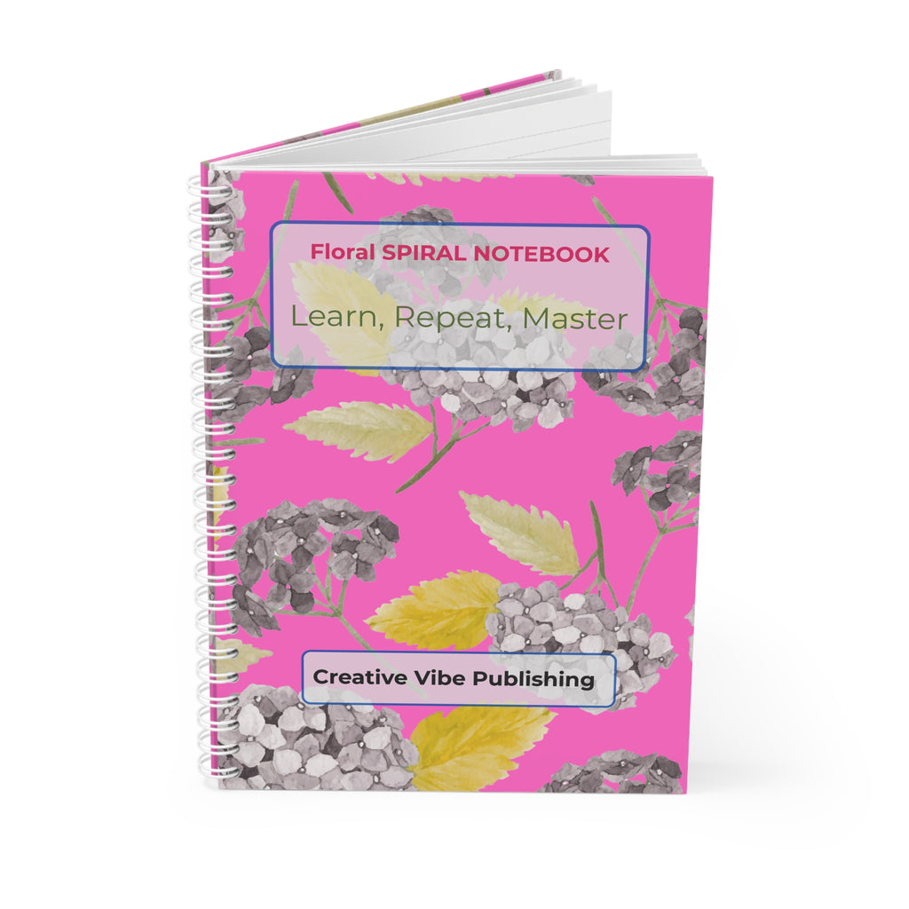 Floral Spiral Notebook — Pink Hydrangea Journal with ‘Learn, Repeat, Master’ Motivational Cover