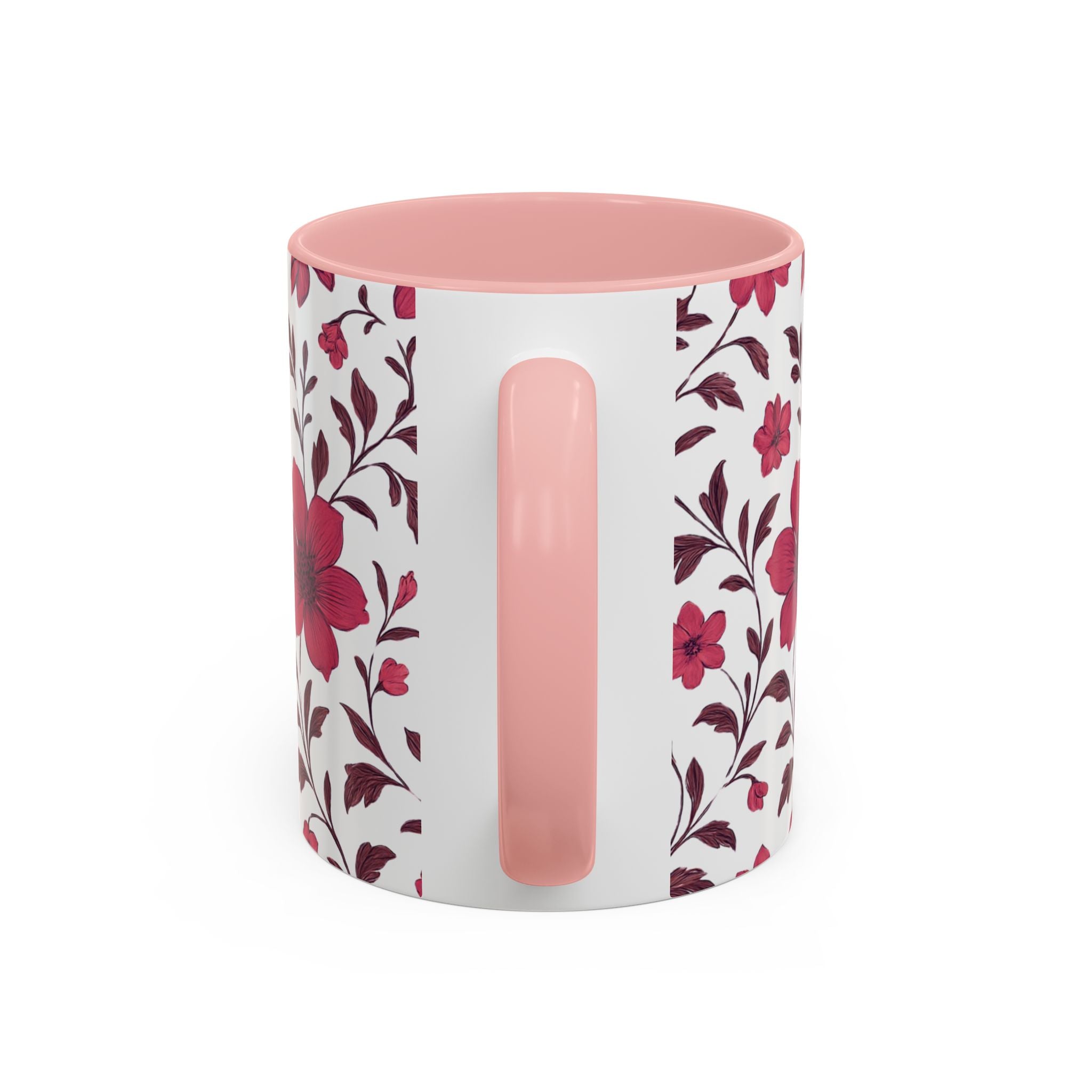 Floral Burgundy Accent Coffee Mug — Pink Blossom Pattern, 11/15oz