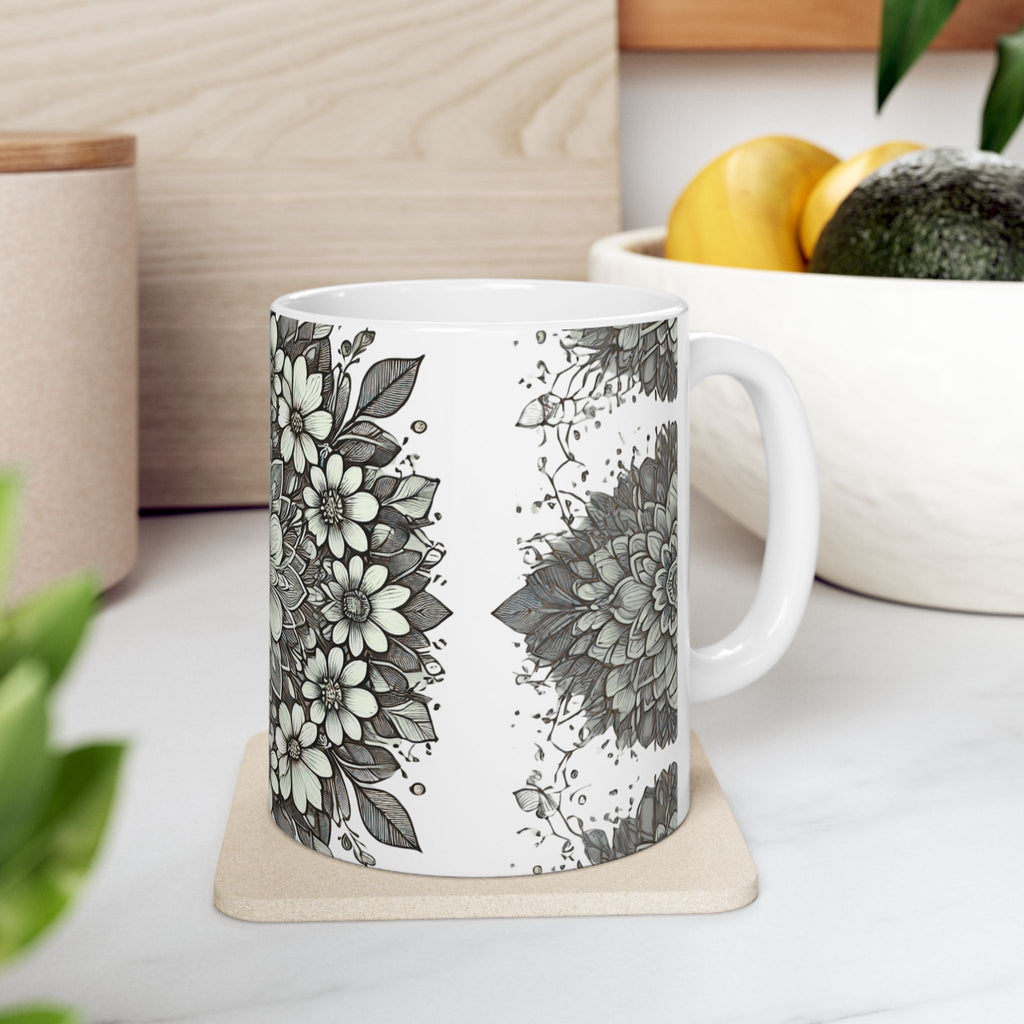 Floral Mandala Ceramic Mug — Green Succulent Pattern (11oz & 15oz)