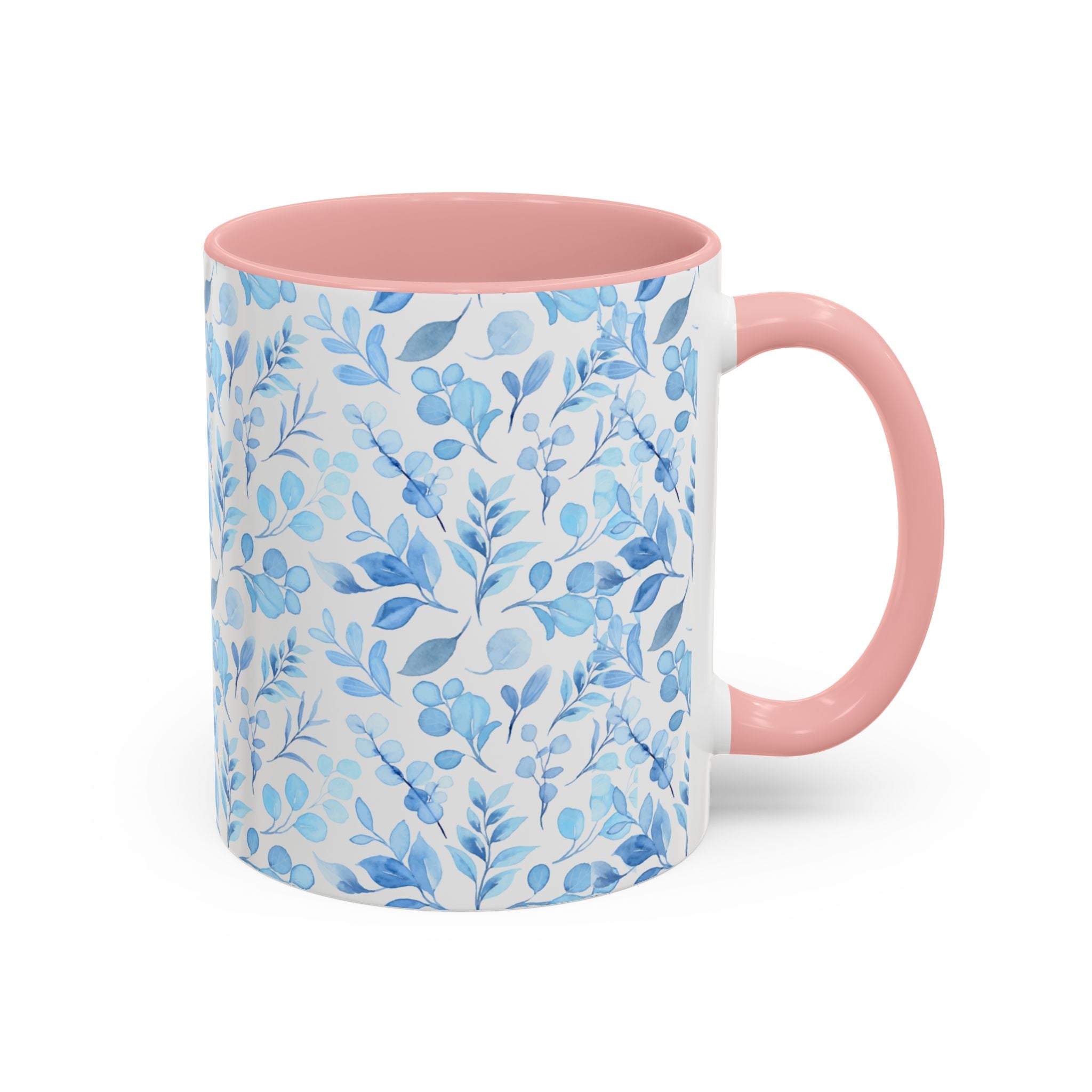 Blue Watercolor Floral Coffee Mug — Accent Handle & Interior