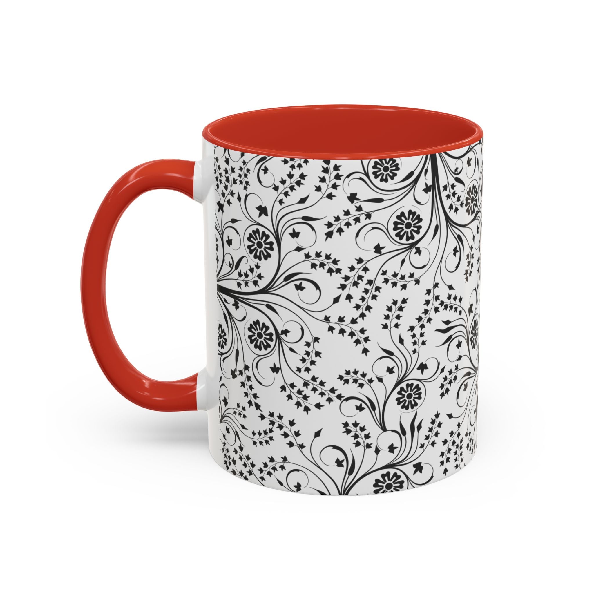 Black Floral Accent Coffee Mug — Elegant Swirl Pattern (11/15oz)