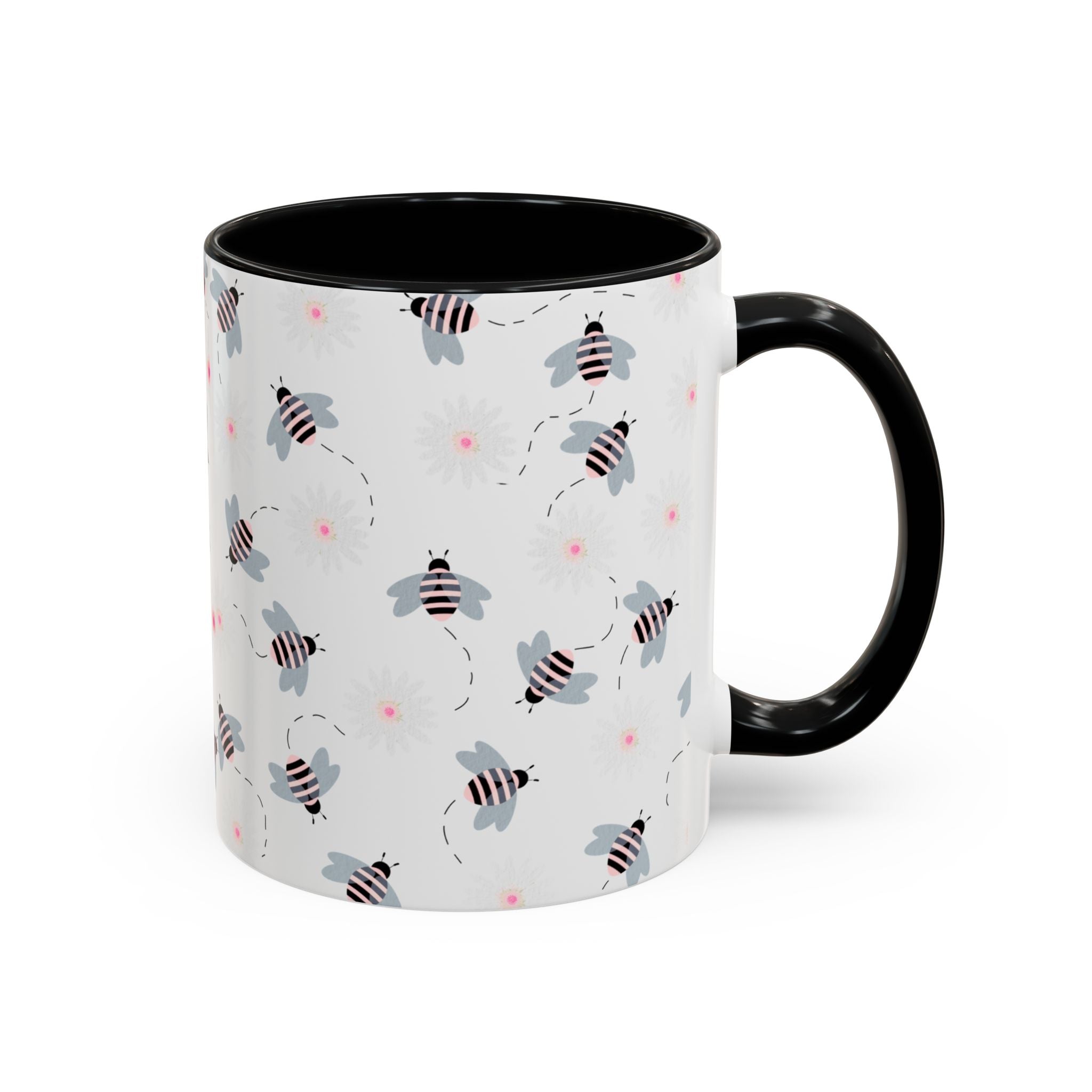 Bee Pattern Accent Coffee Mug — Cute Floral Honeybee Design, 11/15 oz