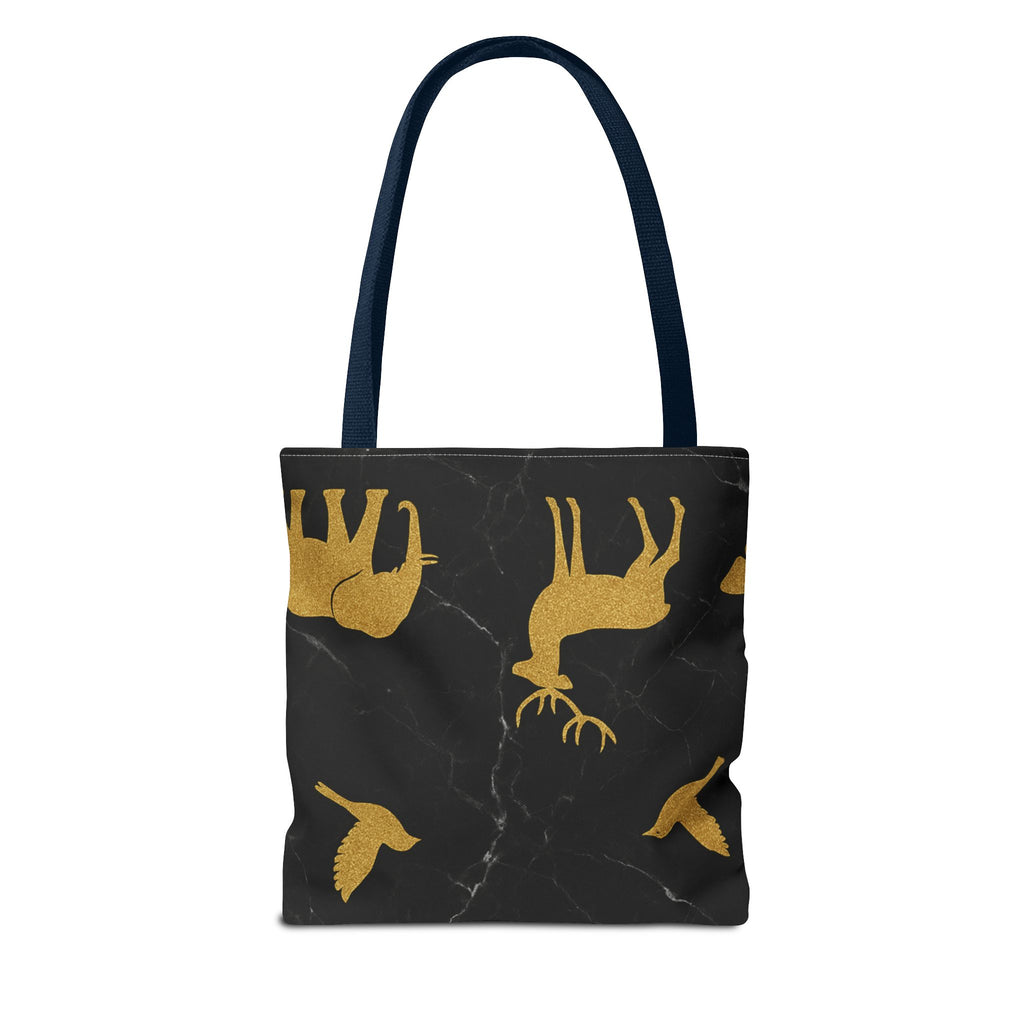 Gold Wildlife Pattern Tote Bag — Black Marble Deer & Elephant All-Over Print