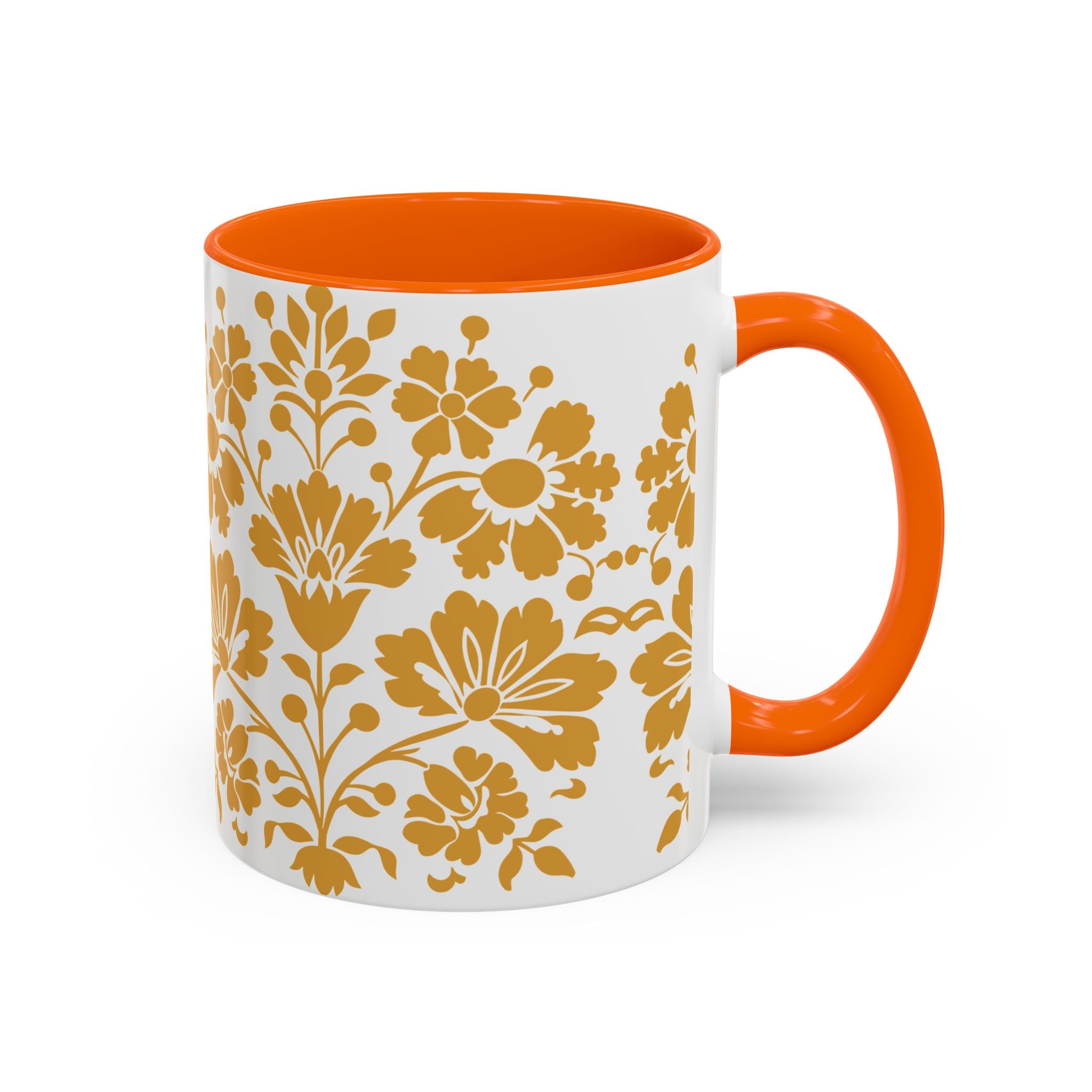 Gold Floral Accent Coffee Mug — Elegant Damask 11/15oz Ceramic