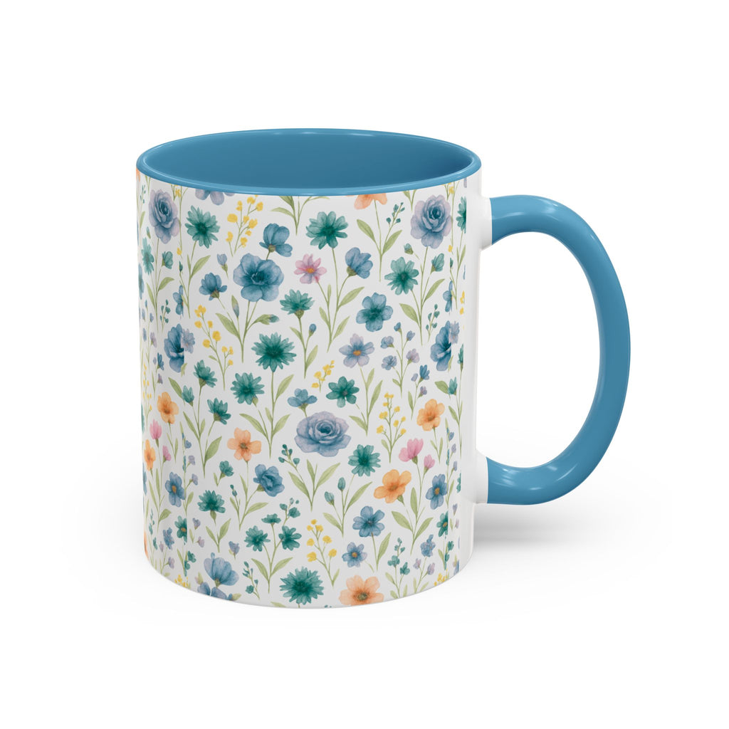 Floral Watercolor Accent Coffee Mug — Blue & Peach Wildflower Pattern (11/15oz)
