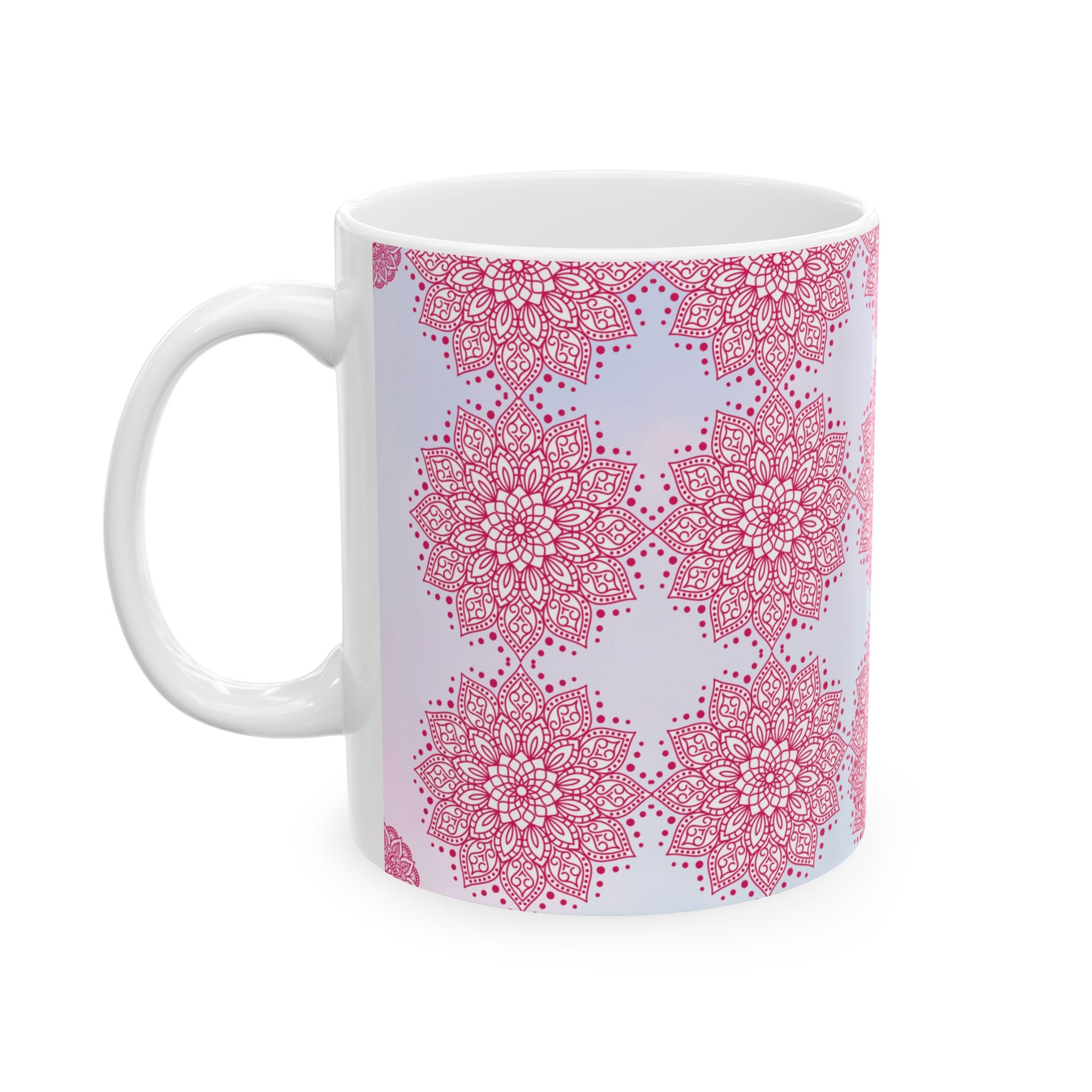 Pink Mandala Ceramic Mug — Floral Kaleidoscope Coffee Cup (11oz/15oz)