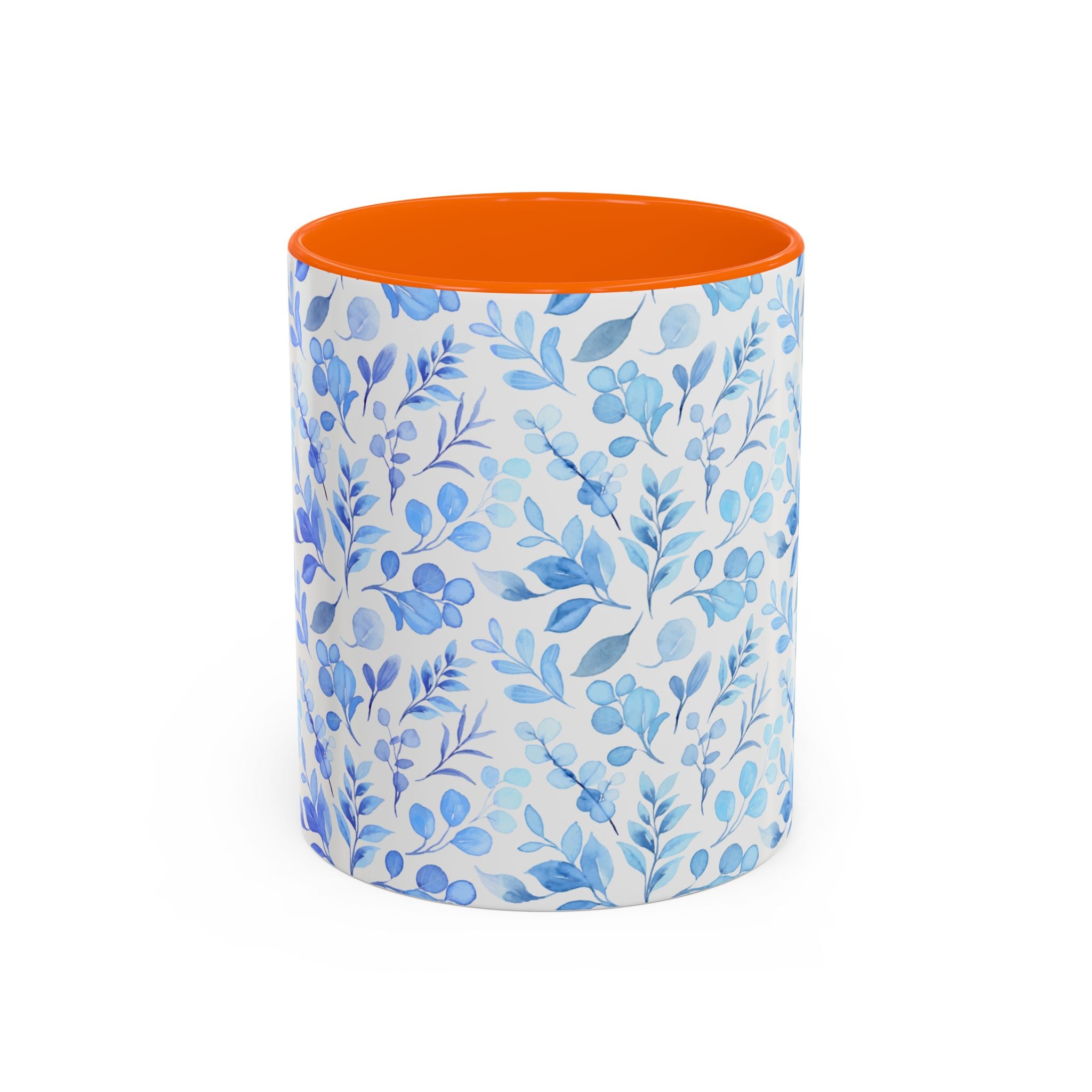 Blue Watercolor Floral Coffee Mug — Accent Handle & Interior
