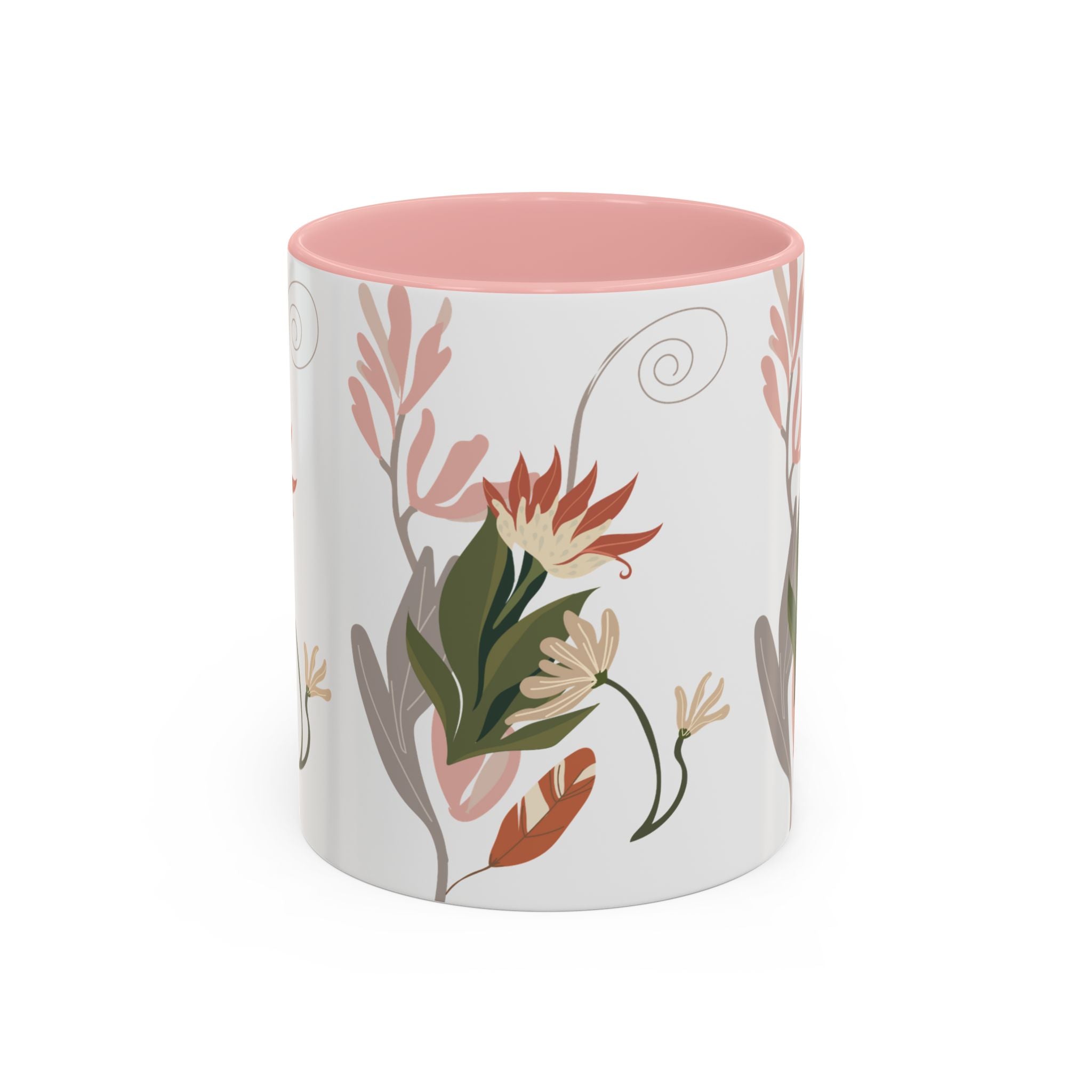 Floral Accent Coffee Mug – Botanical Pink & Green Pattern (11/15oz)