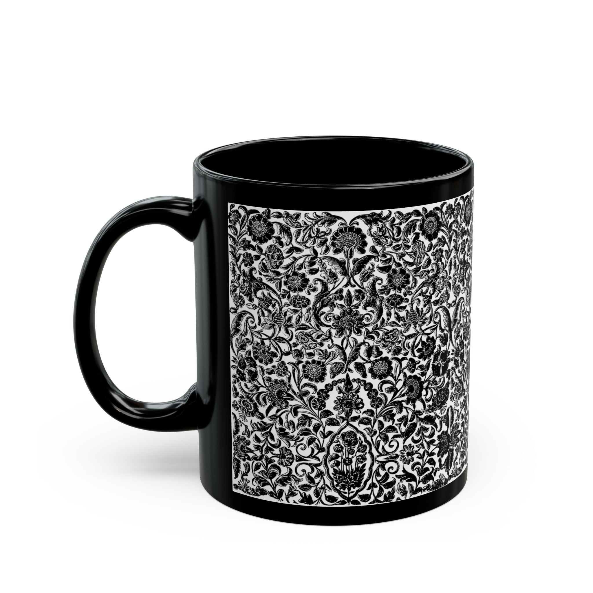 Black Ceramic Mug - Intricate Black & White Floral Pattern