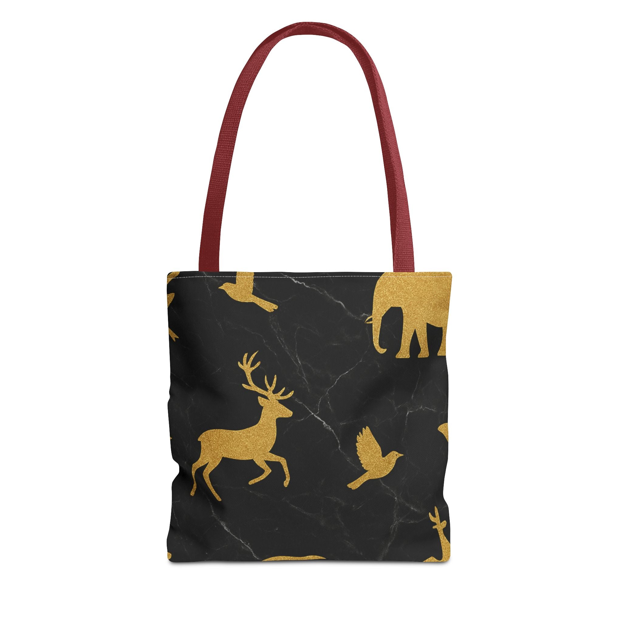 Gold Wildlife Pattern Tote Bag — Black Marble Deer & Elephant All-Over Print