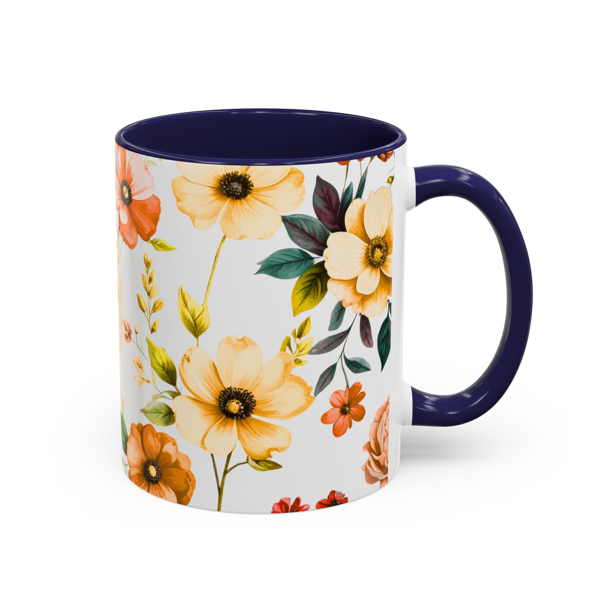Floral Accent Coffee Mug — Vintage Watercolor Orange & Peach Flower Design