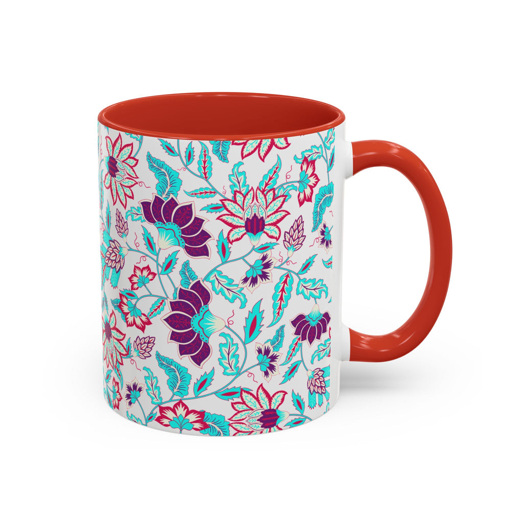 Floral Accent Coffee Mug – Teal & Magenta Patterned Ceramic Mug (11/15oz)