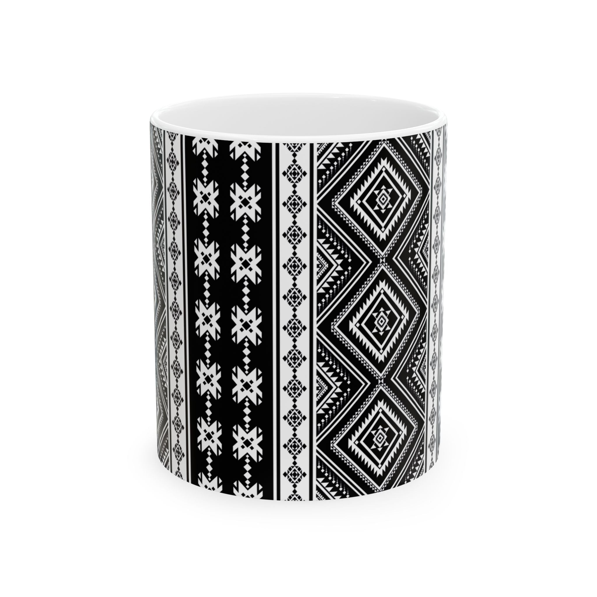 Black & White Aztec Pattern Ceramic Mug — Geometric Tribal Design (11oz/15oz)