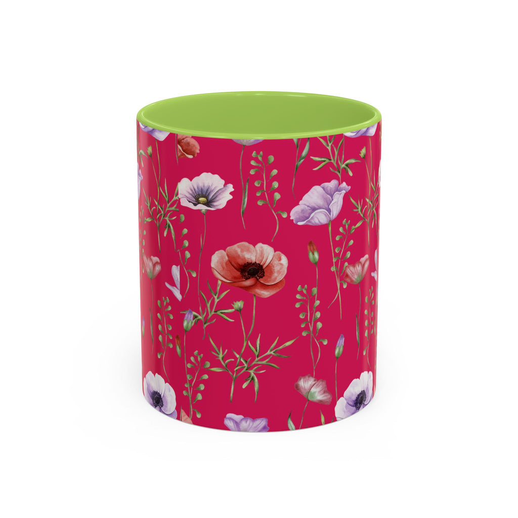 Floral Poppy Accent Coffee Mug — Red Botanical Pattern (11/15 oz)