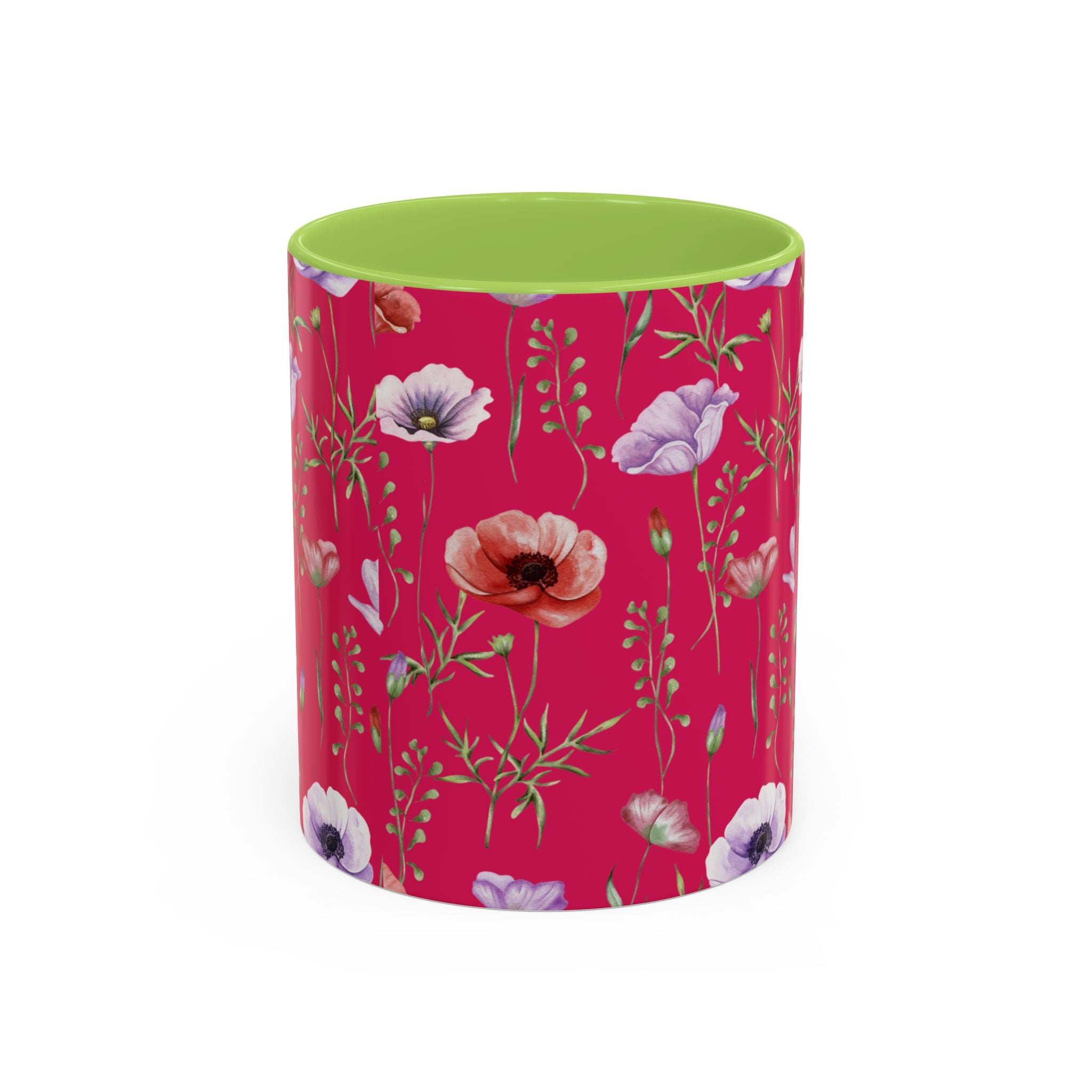 Floral Poppy Accent Coffee Mug — Red Botanical Pattern (11/15 oz)