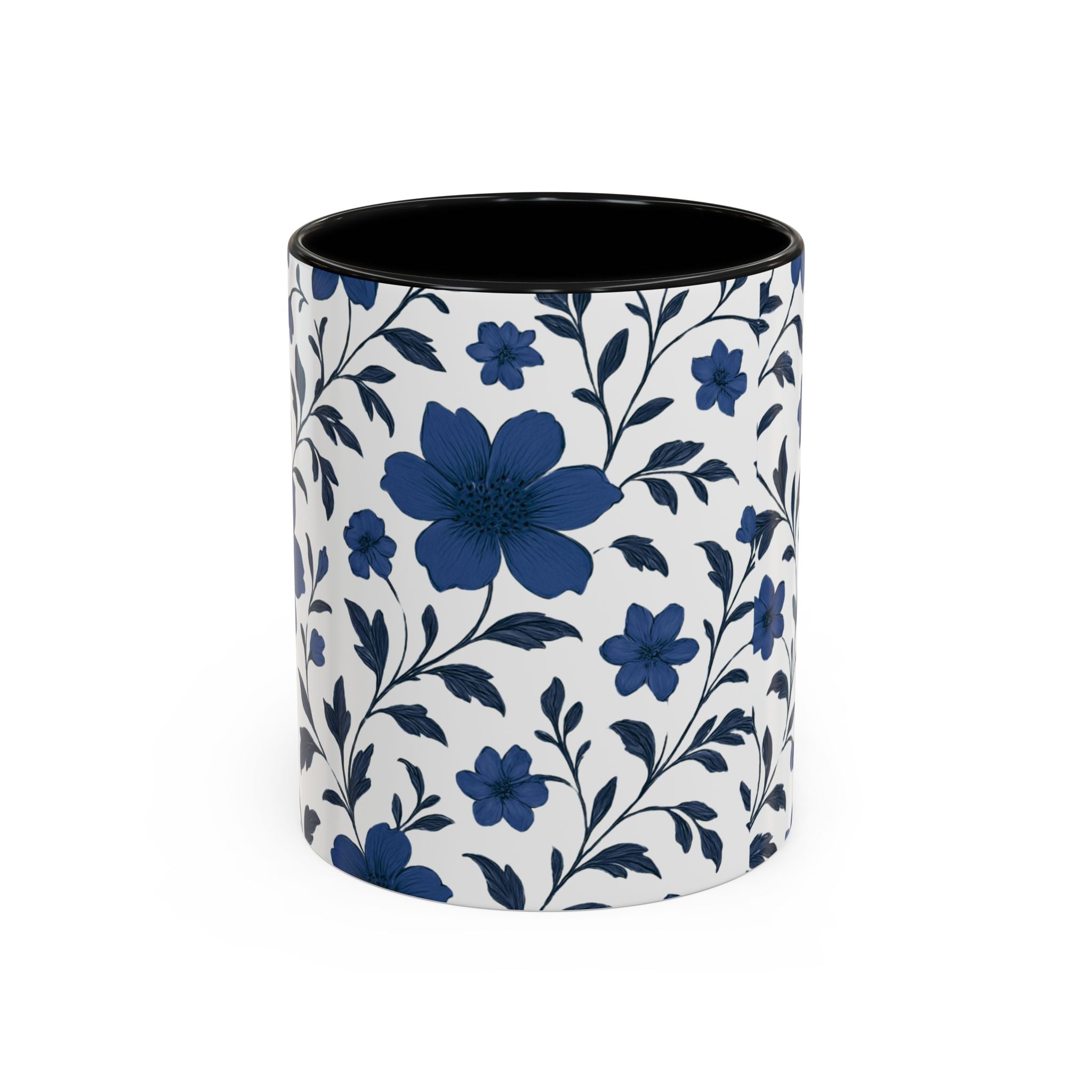 Blue Floral Accent Coffee Mug — Navy Blossom Pattern (11/15 oz)