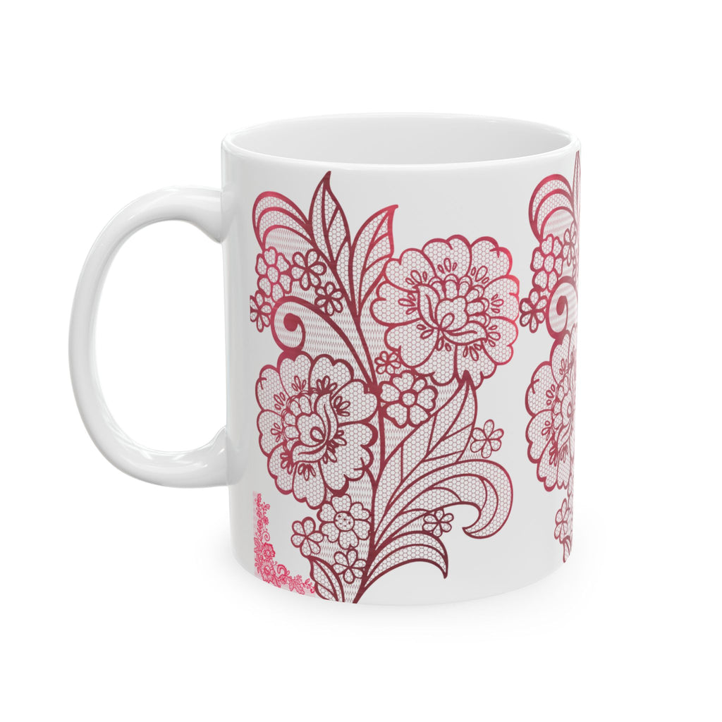 Floral Lace Red Ceramic Mug — Vintage Rose Pattern Coffee Cup (11oz & 15oz)