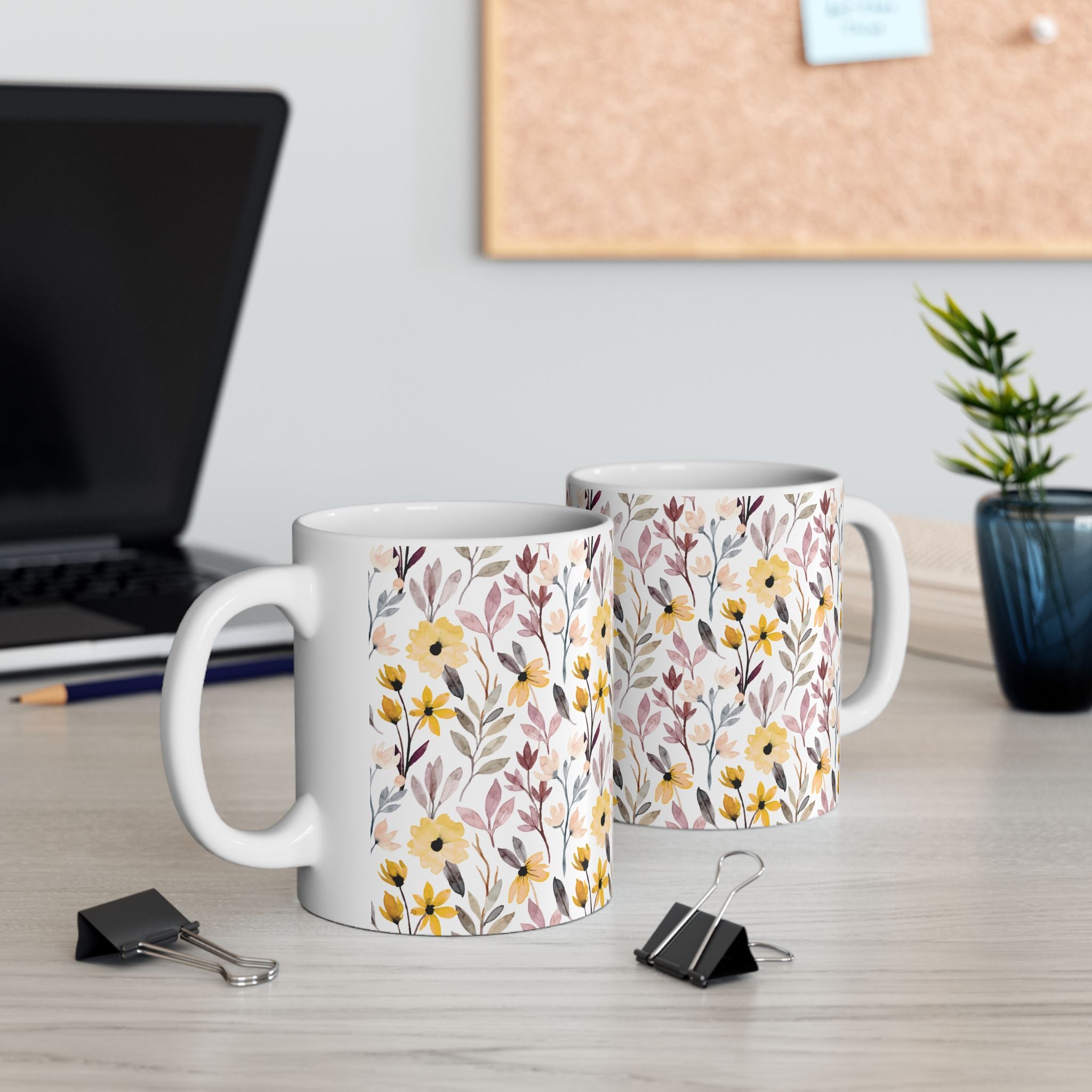Floral Watercolor Mug – Yellow Wildflower Ceramic Coffee Cup (11oz & 15oz)