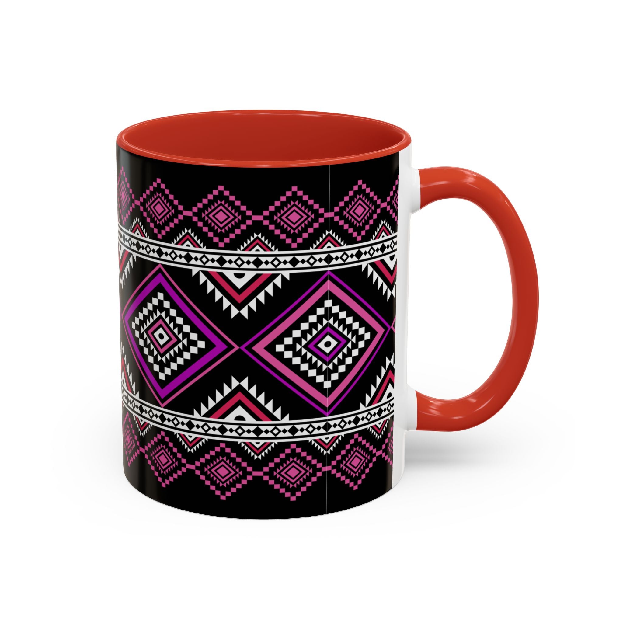Geometric Aztec Accent Coffee Mug — Pink & Black Tribal Pattern (11/15oz)
